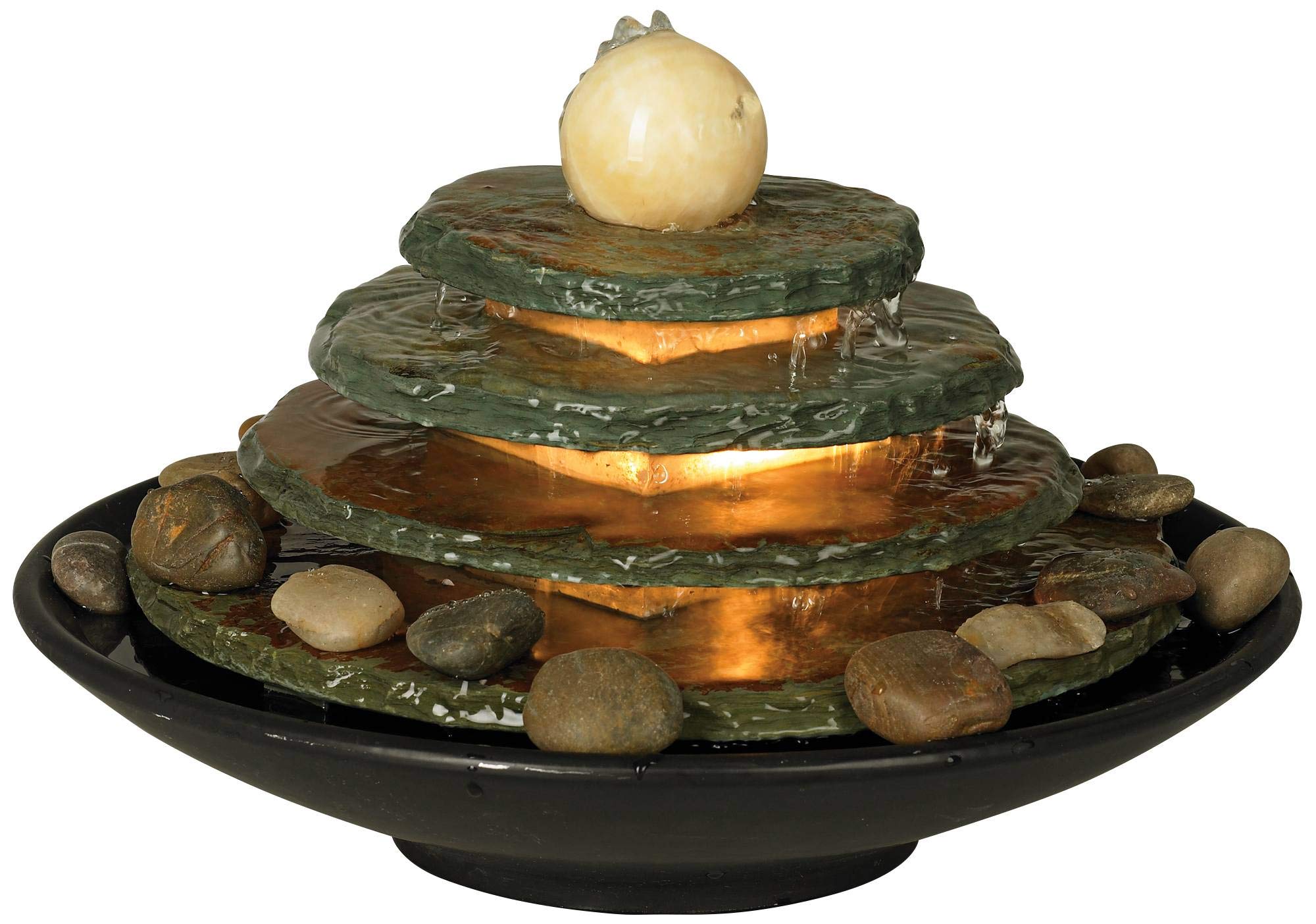 Pyramid Modern Zen Indoor Tabletop Water Fountain with Light 10 High 4 Tiered Feng Shui Ball River Rocks for Table Desk-Top Home