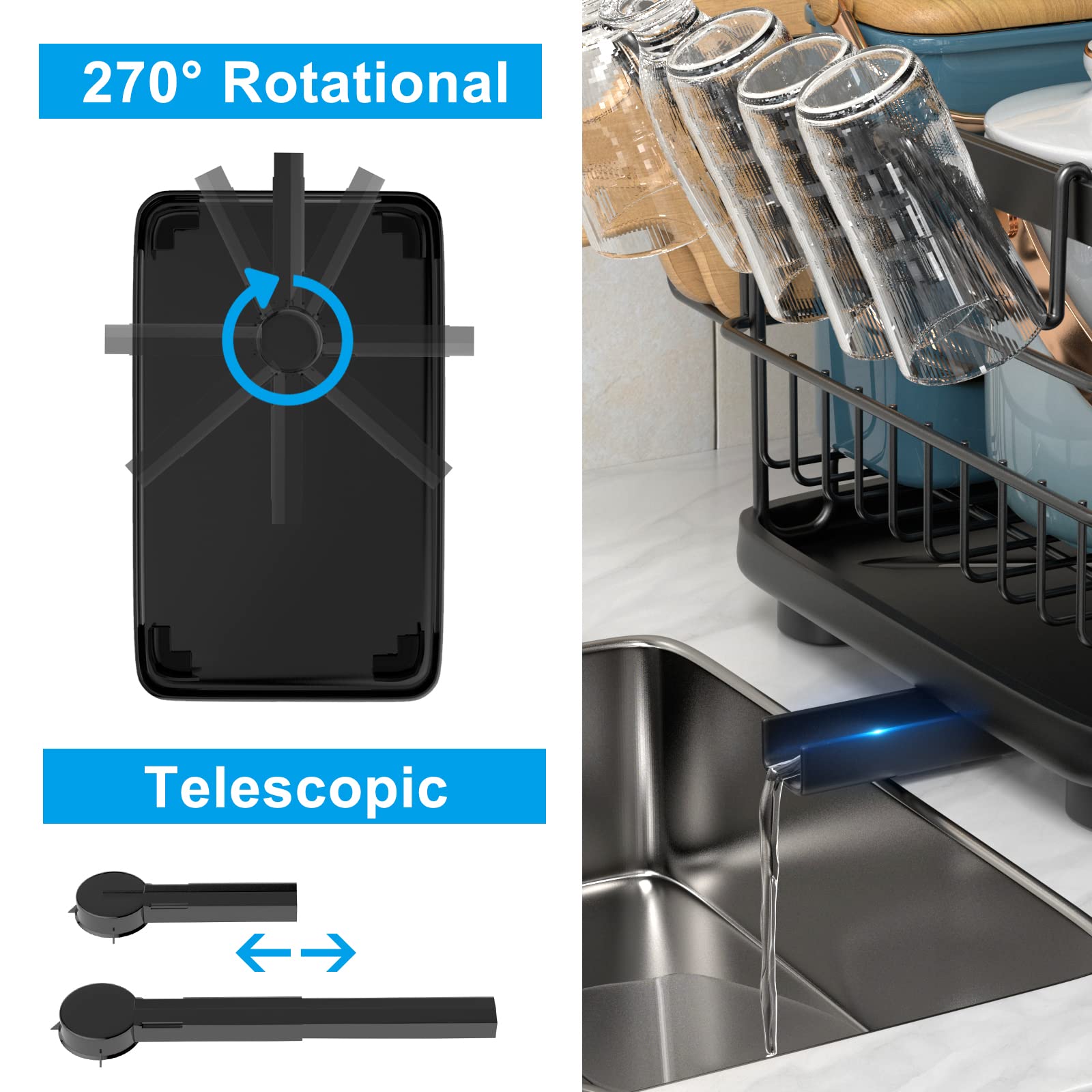 Aonee 2 Tier Dish Drying Rack With Drainboard, Cutlery Holder, Cutting-Board/ Cup Holder And 3 Hooks For Kitchen Counter, Rust-P