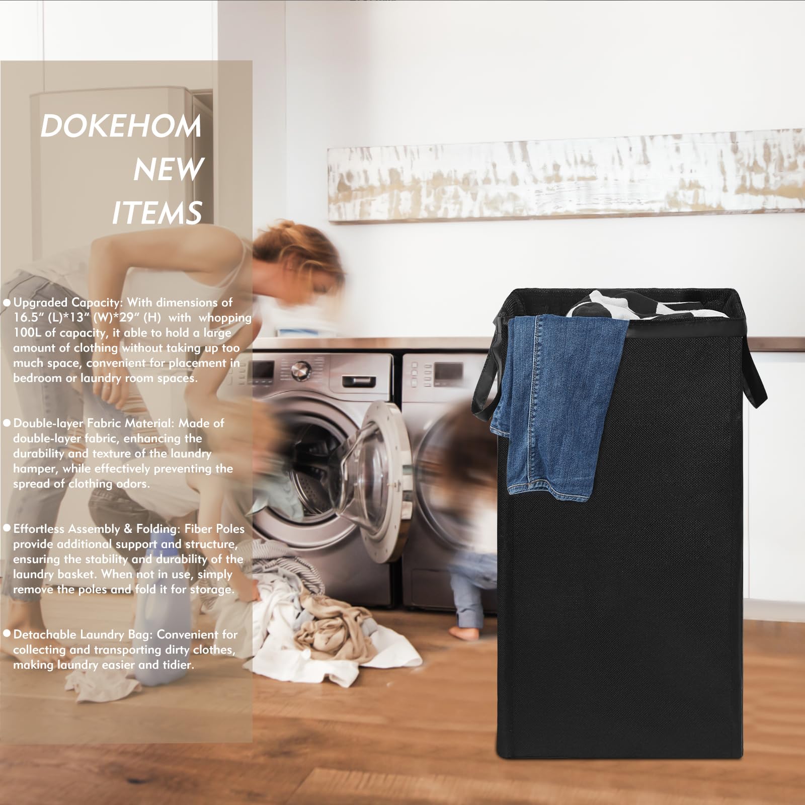 Dokehom 100L Laundry Basket With Lid And Removable Laundry Bags, Large Collapsible Laundry Hamper For Bedroom, Bathroom, Laundry