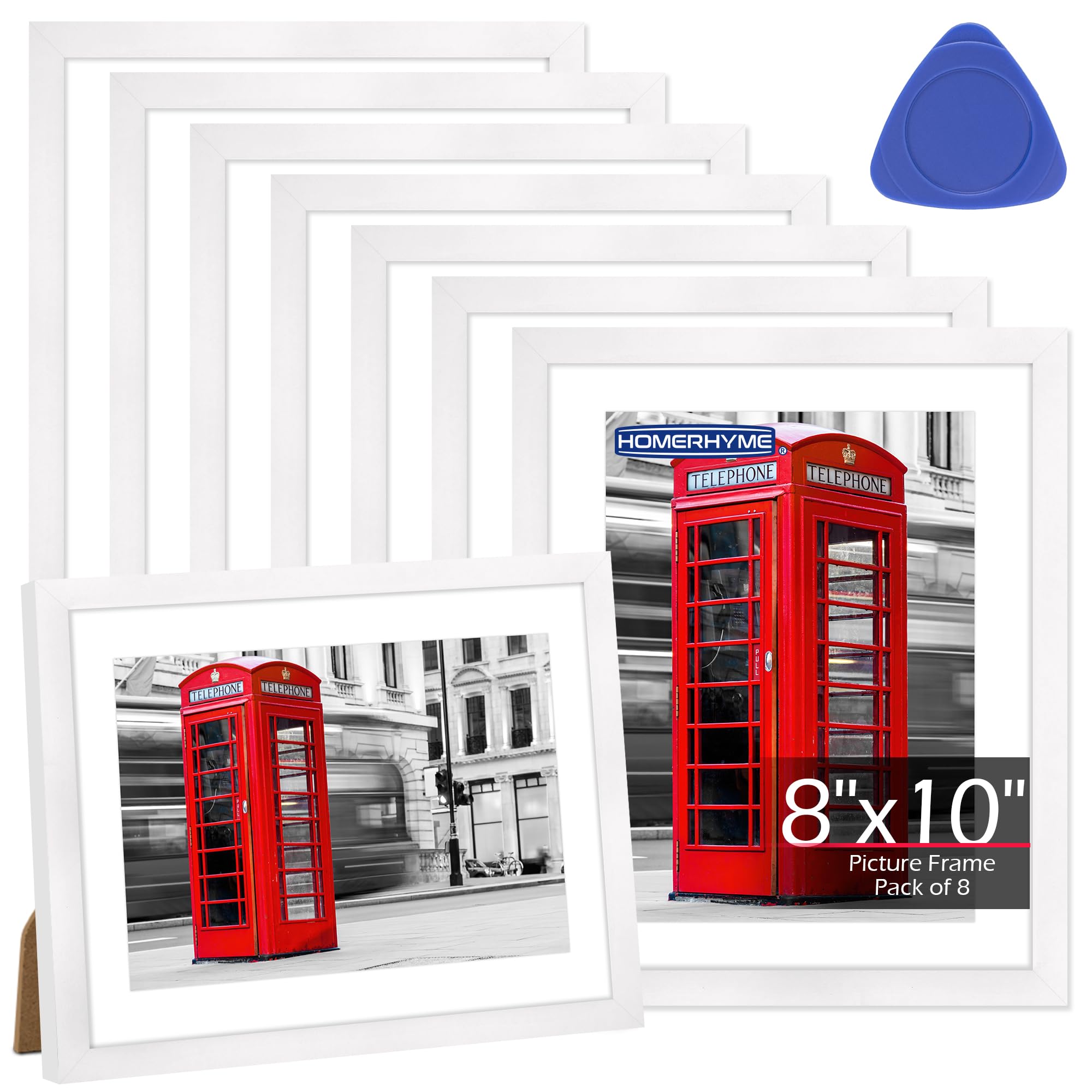 HOMERHYME 8x10 Picture Frame Set of 8, White Photo Frames for Gallery Wall Mounting or Table Display, Display Pictures 5x7 with 