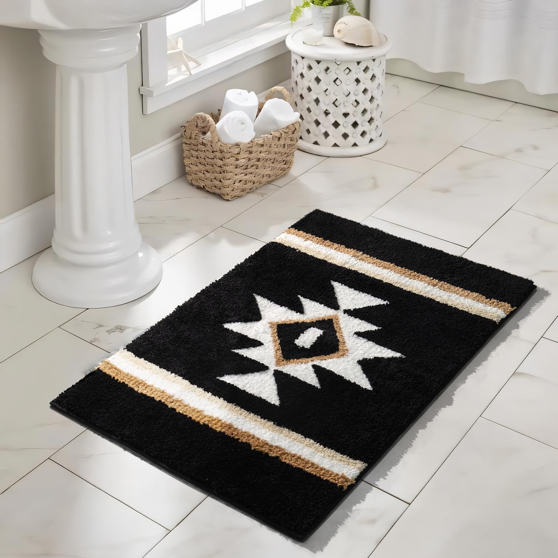 Tanvill Boho Bathroom Rugs Black Bath Mat Non Slip Soft Absorbent Western Geometric Bath Rug Luxury Plush Floor Mat For Farmhous