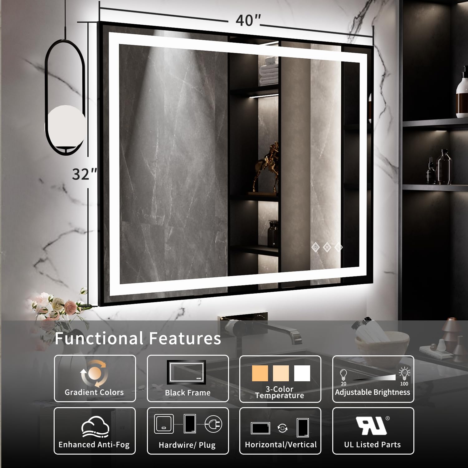 Vanpokins Led Mirror, 40X32 Inch Black Framed Gradient Front And Backlit Bathroom Mirror With Lights, 3 Colors Dimmable Cri>90,