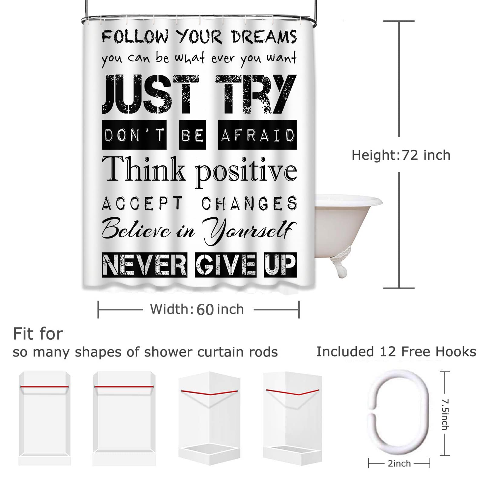 Emvency Black Positive Shower Curtain Quotes Inspirational Motivational Teen Follow Your Dreams Just Try Never Give Up Kids Boys