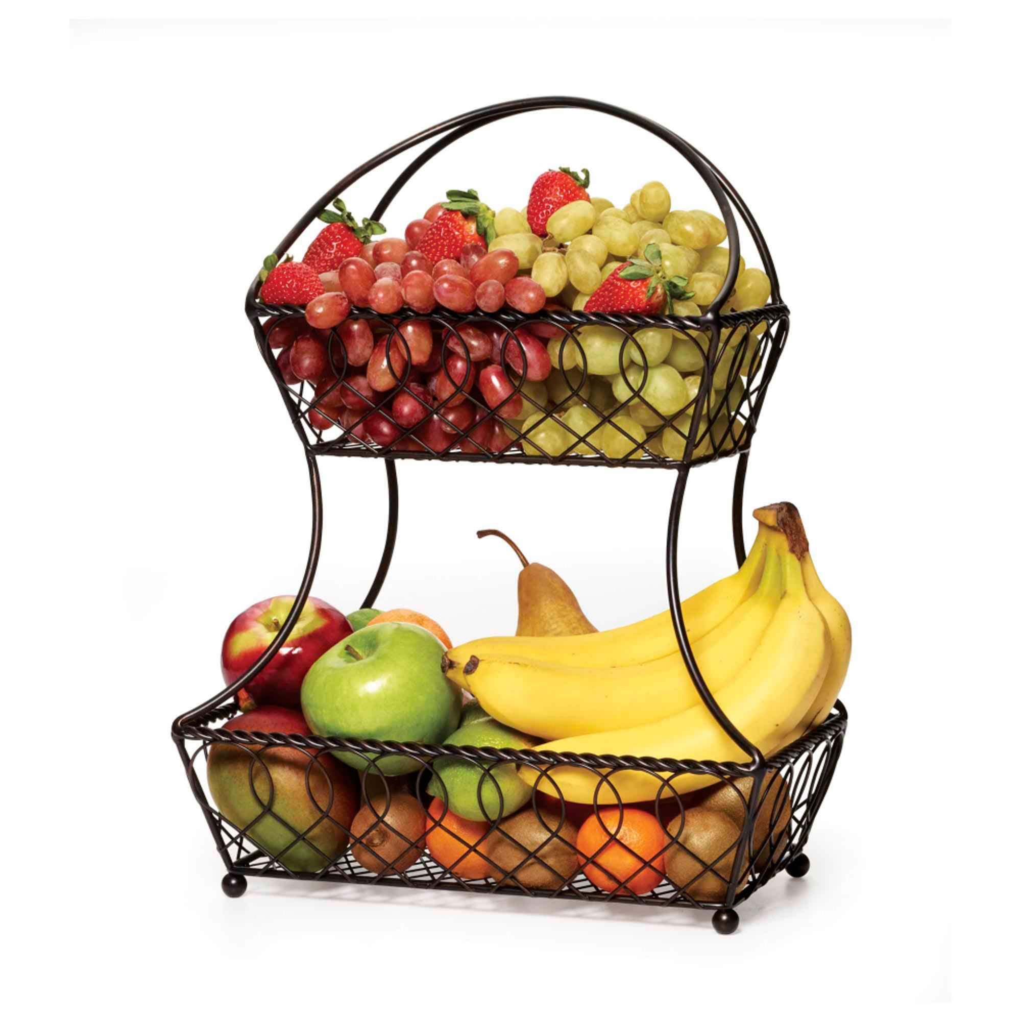 Gourmet Basics By Mikasa Loop And Lattice 2-Tier Flatback Metal Fruit Basket, Antique Black
