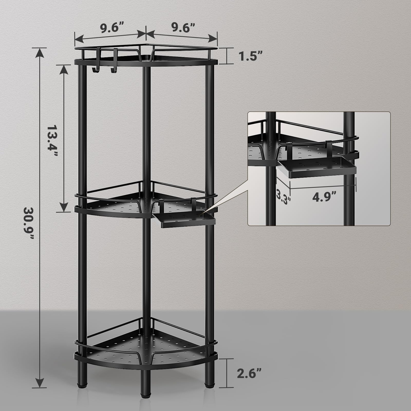 Elyken Corner Shower Caddy Standing, 3 Tier Rustproof Metal Shower Organizer With Soap Holder, Floor Shower Corner Shelf Rack St