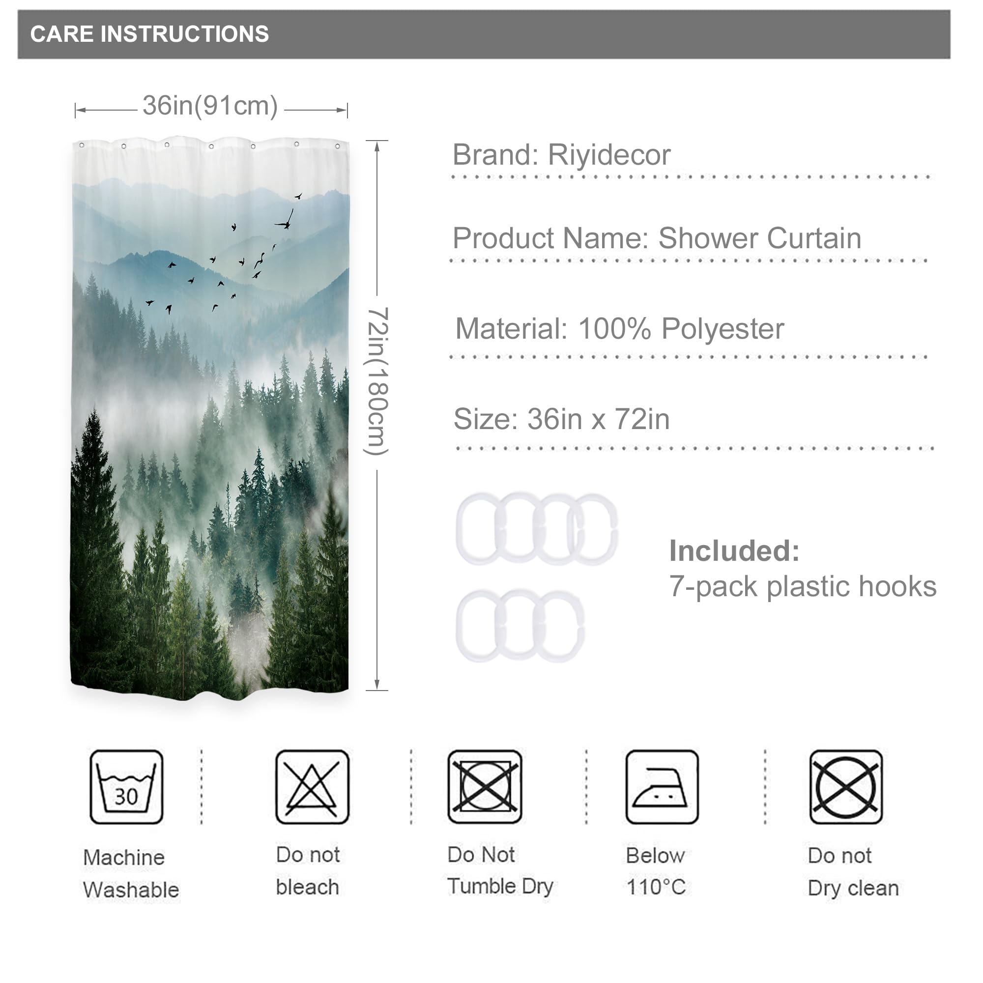 Riyidecor Small Stall Mountain Shower Curtain 36Wx72H Inch Green Rv Single Rustic Foggy Misty Nature Pine Tree Scenery Woodland