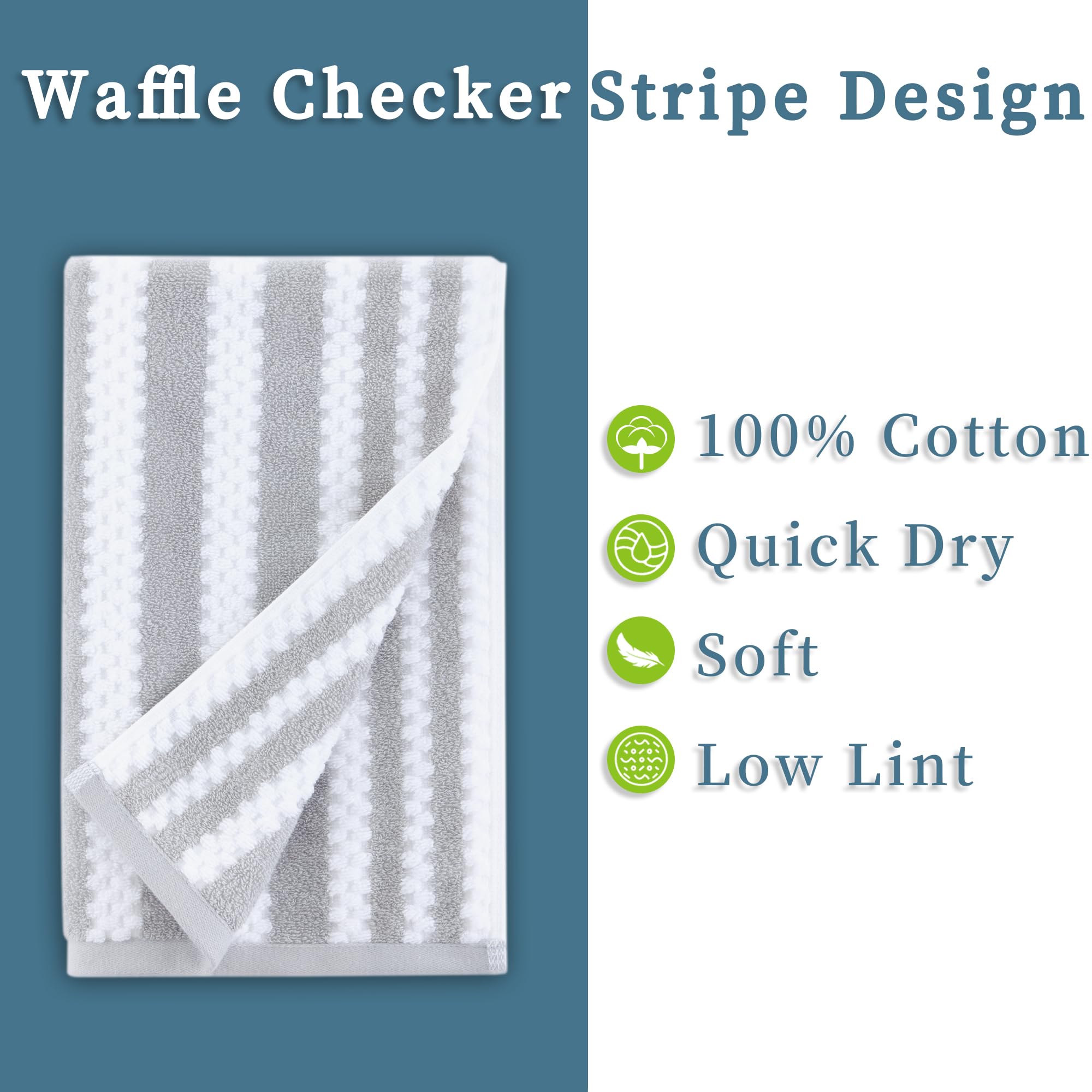 Bathroom Hand Towels, 4Pc 16''X27'' - 100% Cotton | Soft | Quick Dry | Absorb | Lightweight, Waffle Bathroom Hand Towels, Stripe
