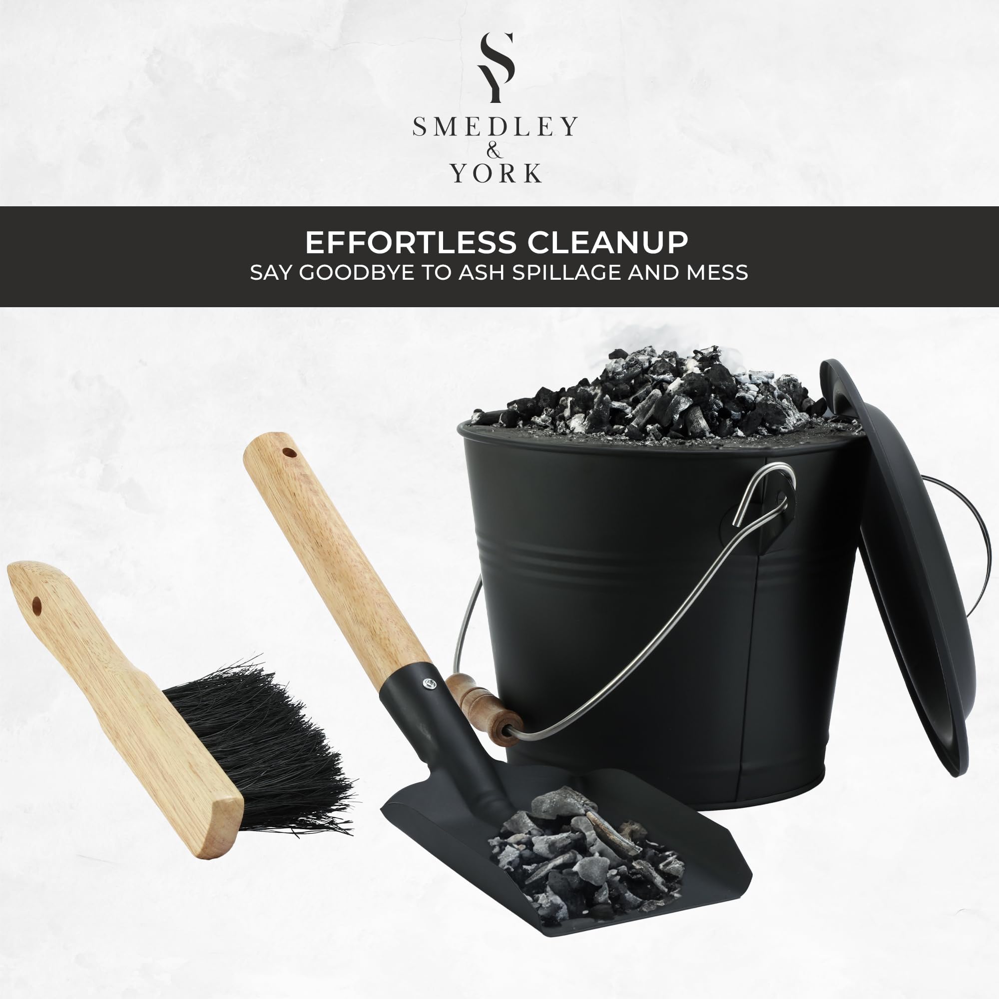Smedley & York Mini Ash Bucket With Lid, Includes Fireplace Tools, Pail, Shovel And Broom, 1.5 Gallon Charcoal Metal Bucket With