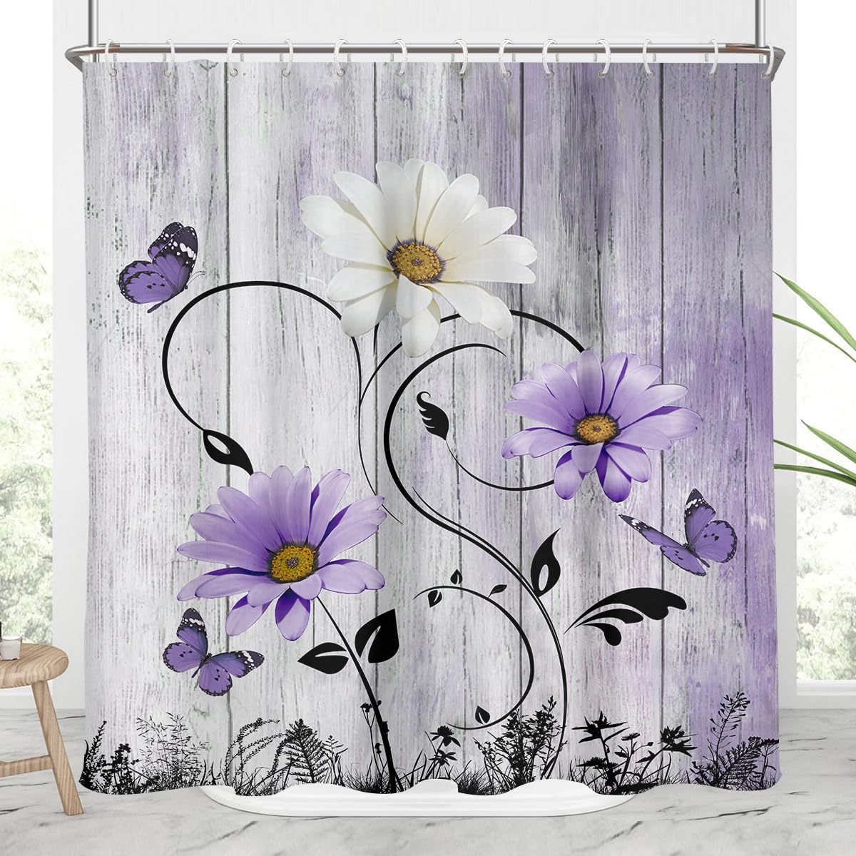 Aatter Purple Floral Shower Curtain Rustic Flowers Lavender Lilac Country Butterfly White Daisy Abstract Black Leaves Farmhouse