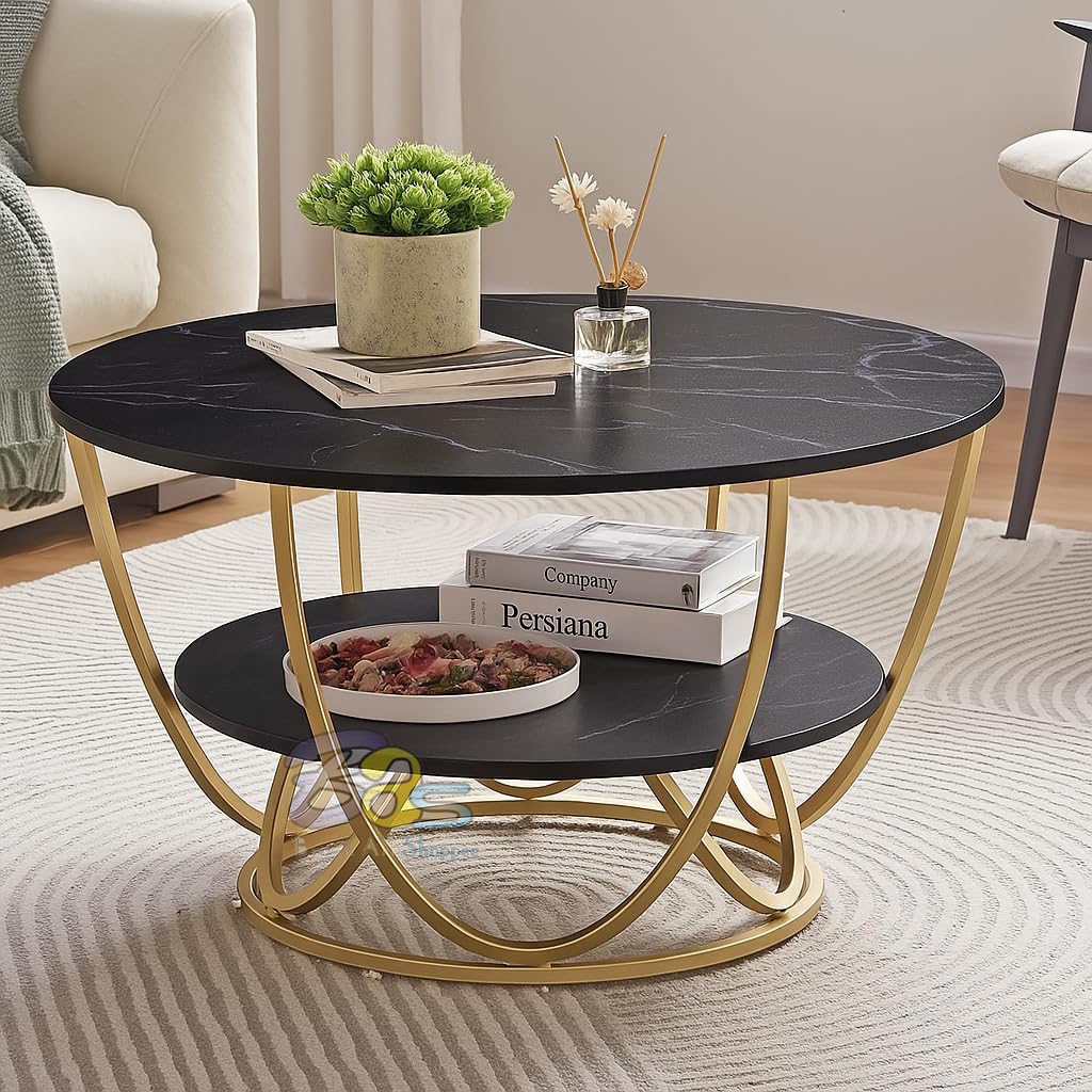 Brown Art Shoppee Faux Marble Top Round 2 Tier Metal Coffee Tables Simple Living Room Table Sets, Sofa Center Table End Tables W