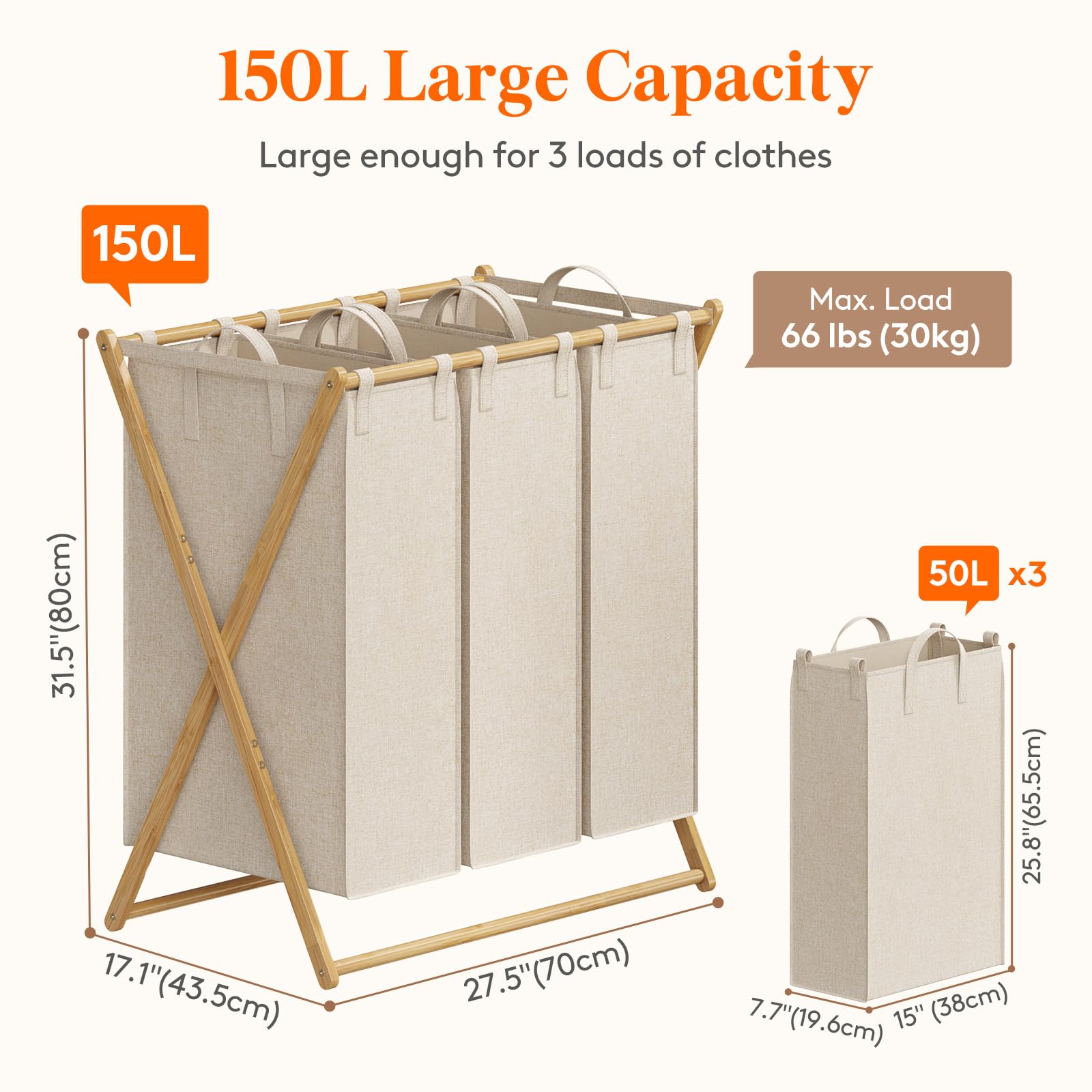 Lifewit 150L Large Laundry Hamper 3 Section, Collapsible Bamboo X-Frame Laundry Basket Sorter, Clothes Hamper With 3 Removable B