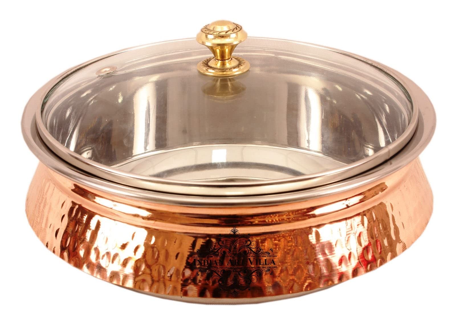 Indian Art Villa Steel Copper Induction Handi Bowl With Lid, Serveware & Tableware, Home Restaurant, 2000 Ml