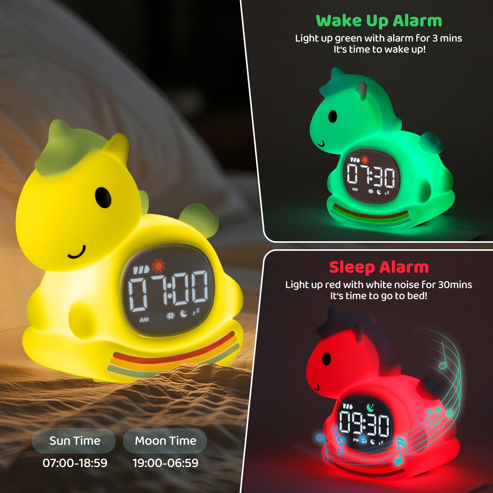 Aokpsrt Alarm Clock with Night Light & Sound Machine, Rechargeable Blue Pony Lamp for Kids, Sleep Training Companion