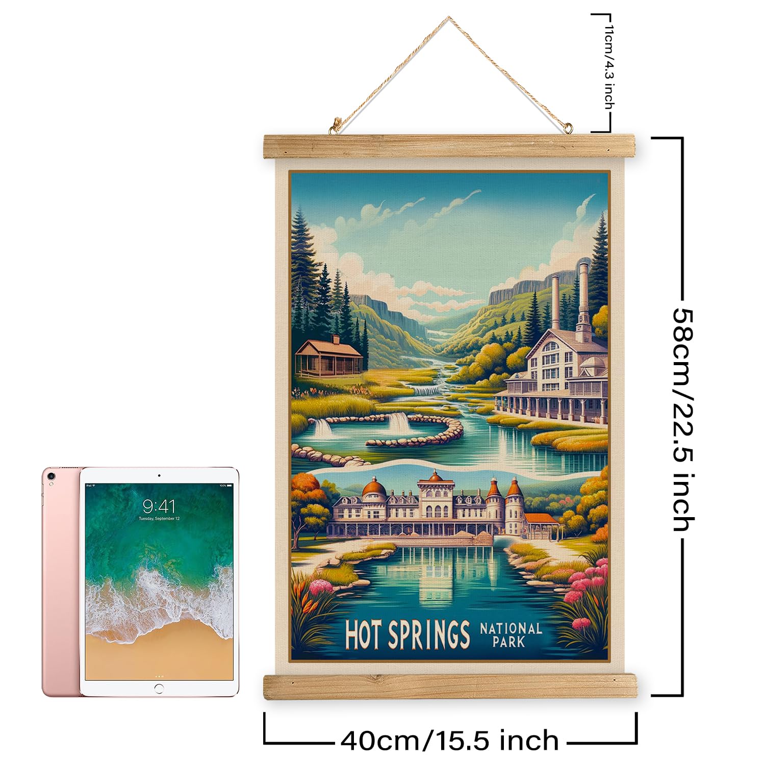 Xiaoaika Vintage Hot Springs National Park Travel Poster With Wooden Scroll Frame - Living Room, Bedroom, Home, Office Retro Art