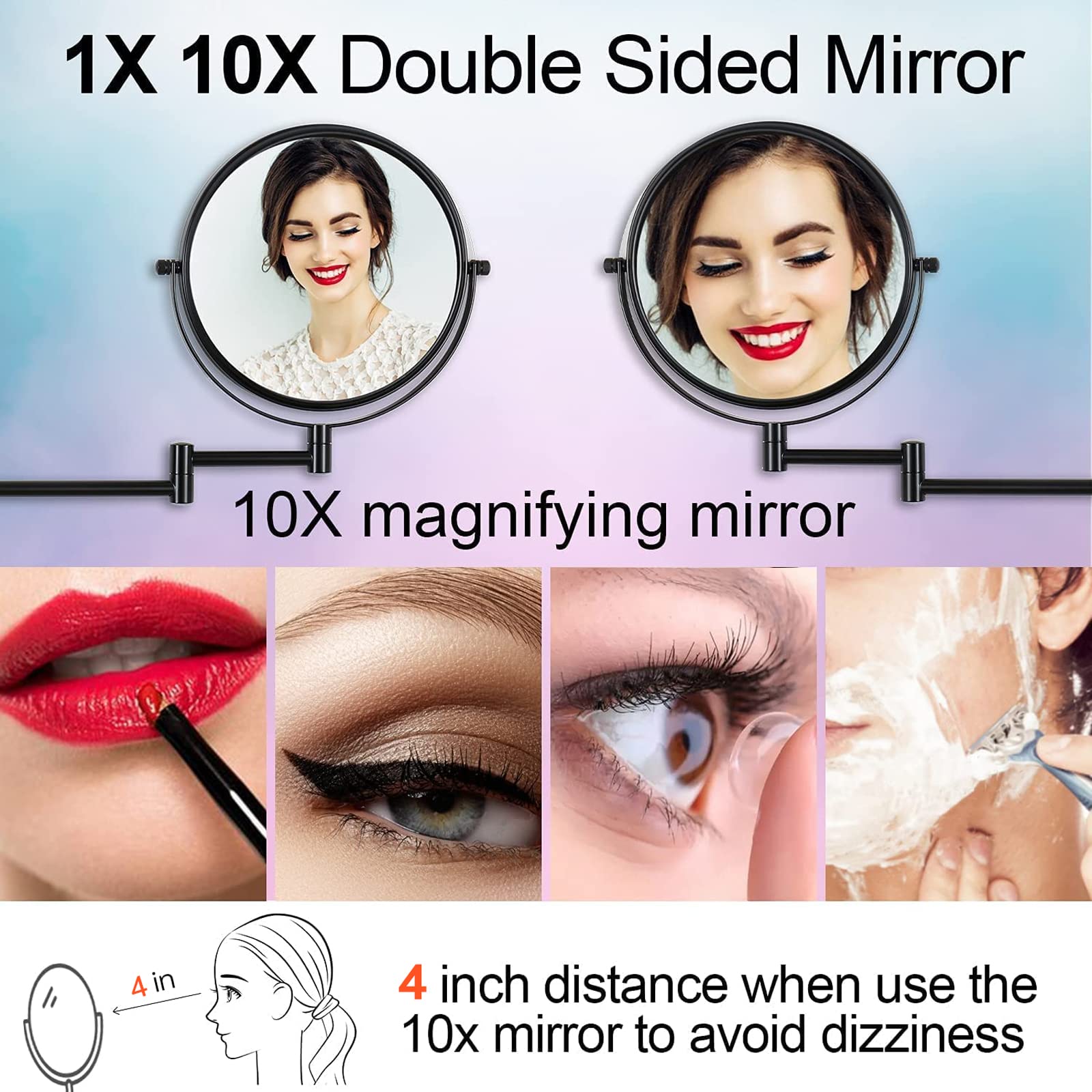 Lansi Wall Mounted Makeup Mirror - 1X/10X Magnifying Mirror 360 Extendable Arm Mirror For Makeup, 8 Inch Double Sided Vanity Mir