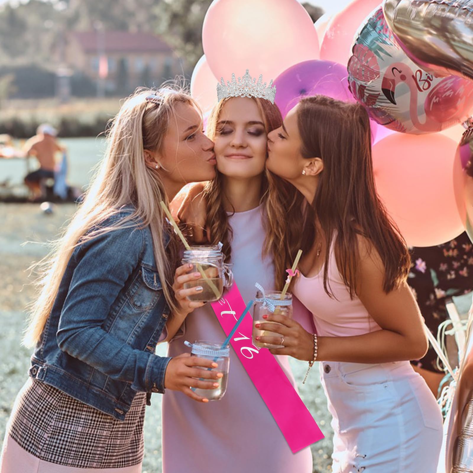 Casoty 16Th Birthday Sash And Tiara For Girls, 16Th Birthday Decorations For Girls, Sweet 16 Glitter Sash And Tiara Set With Pea