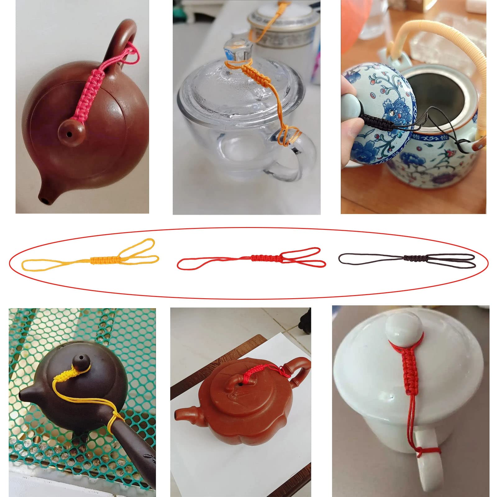 Nentment 6 Pack Teapot Lid Hanging Tether Rope Non Falling Hand-Woven Teapots Top Cover Cord Fob For Cast Iron Teapot Kyusu Teap