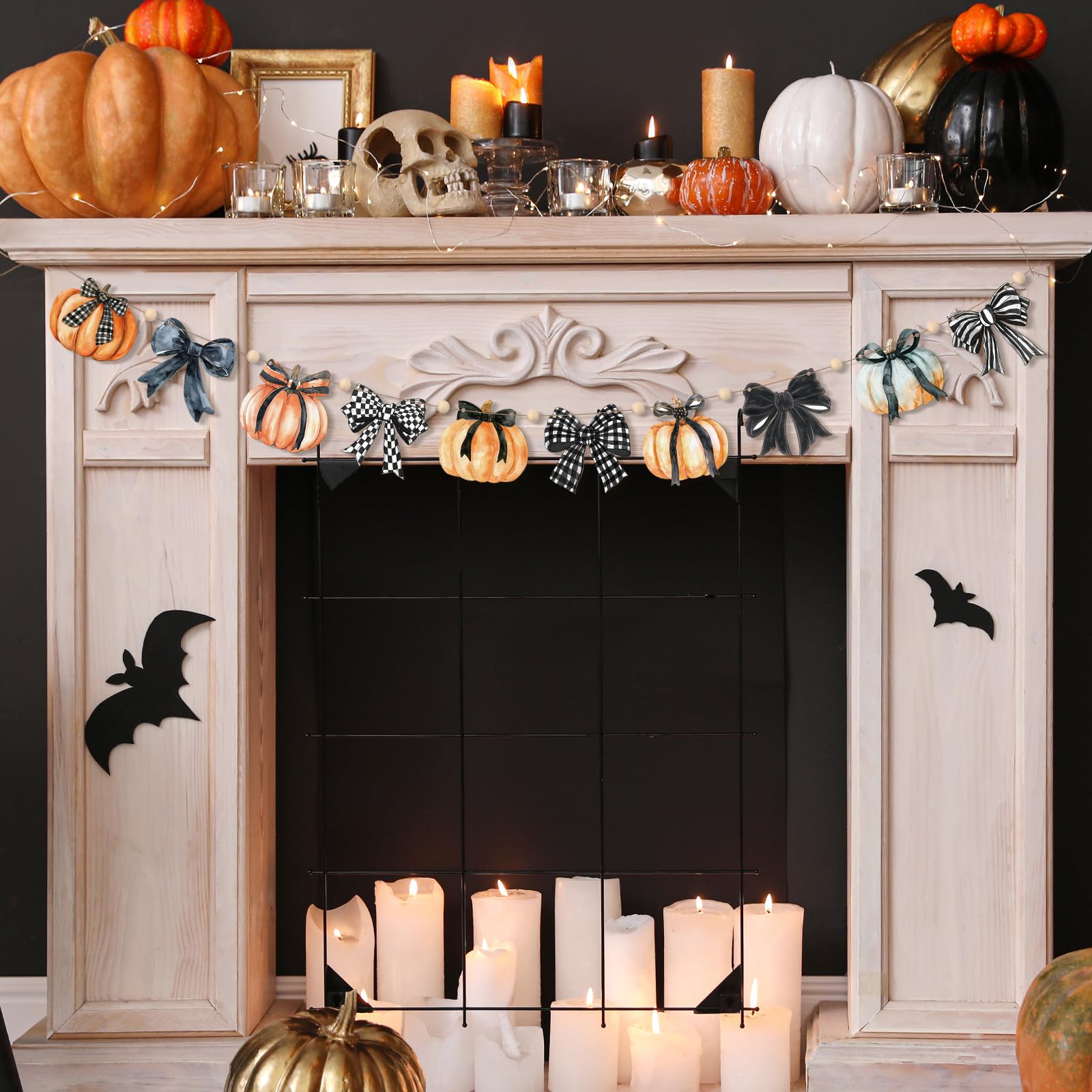 Cinnvoice 8.2 ft Fall Decoration for Home Plaid Wooden Pumpkin Garland Halloween Black Bow Pumpkin Banner Rustic Farmhouse Wood