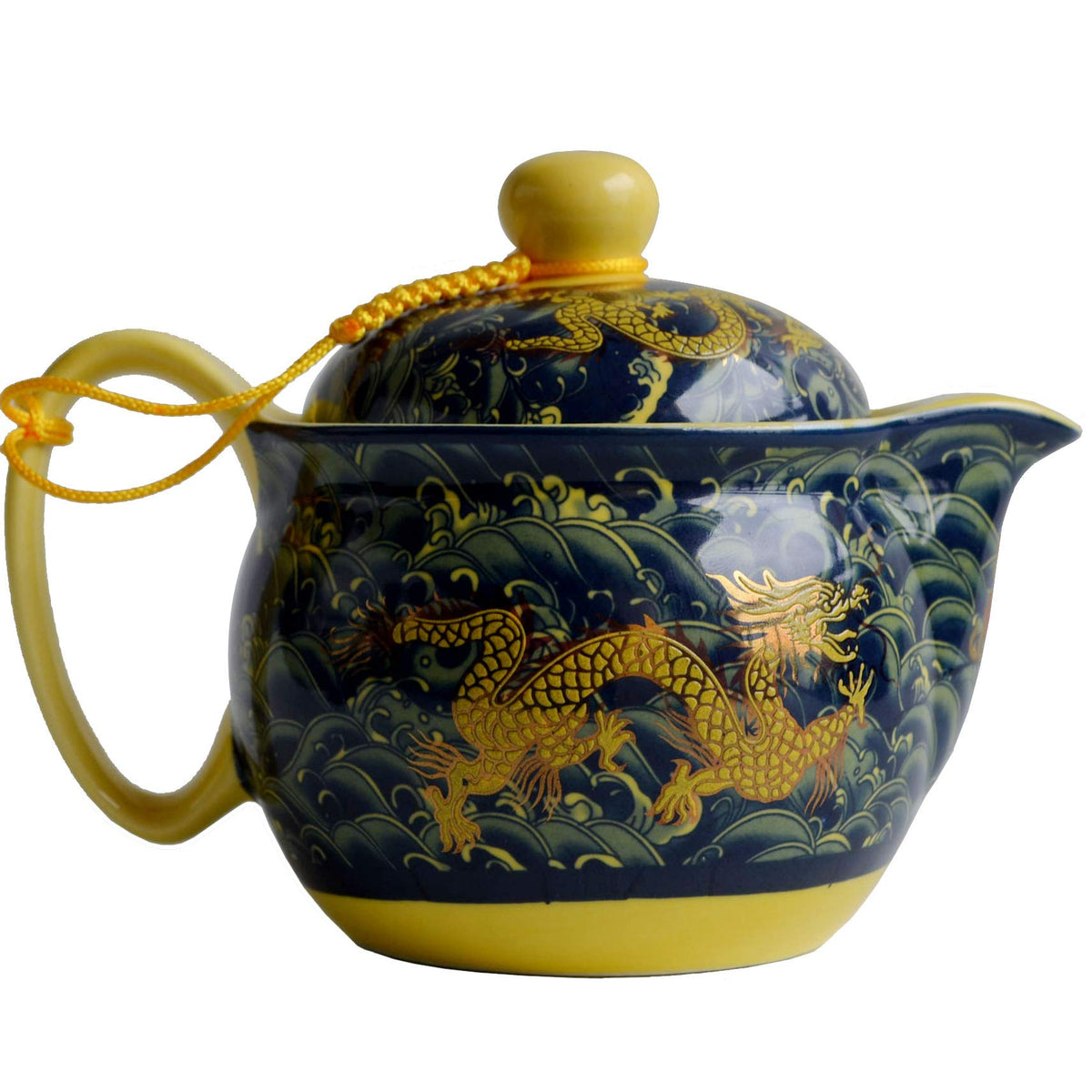 Porcelain Teapot 12Oz Chinese Dargon Waves Pattern Stainless Mash Infuser For Loose Tea (Deep Waves Dargon)
