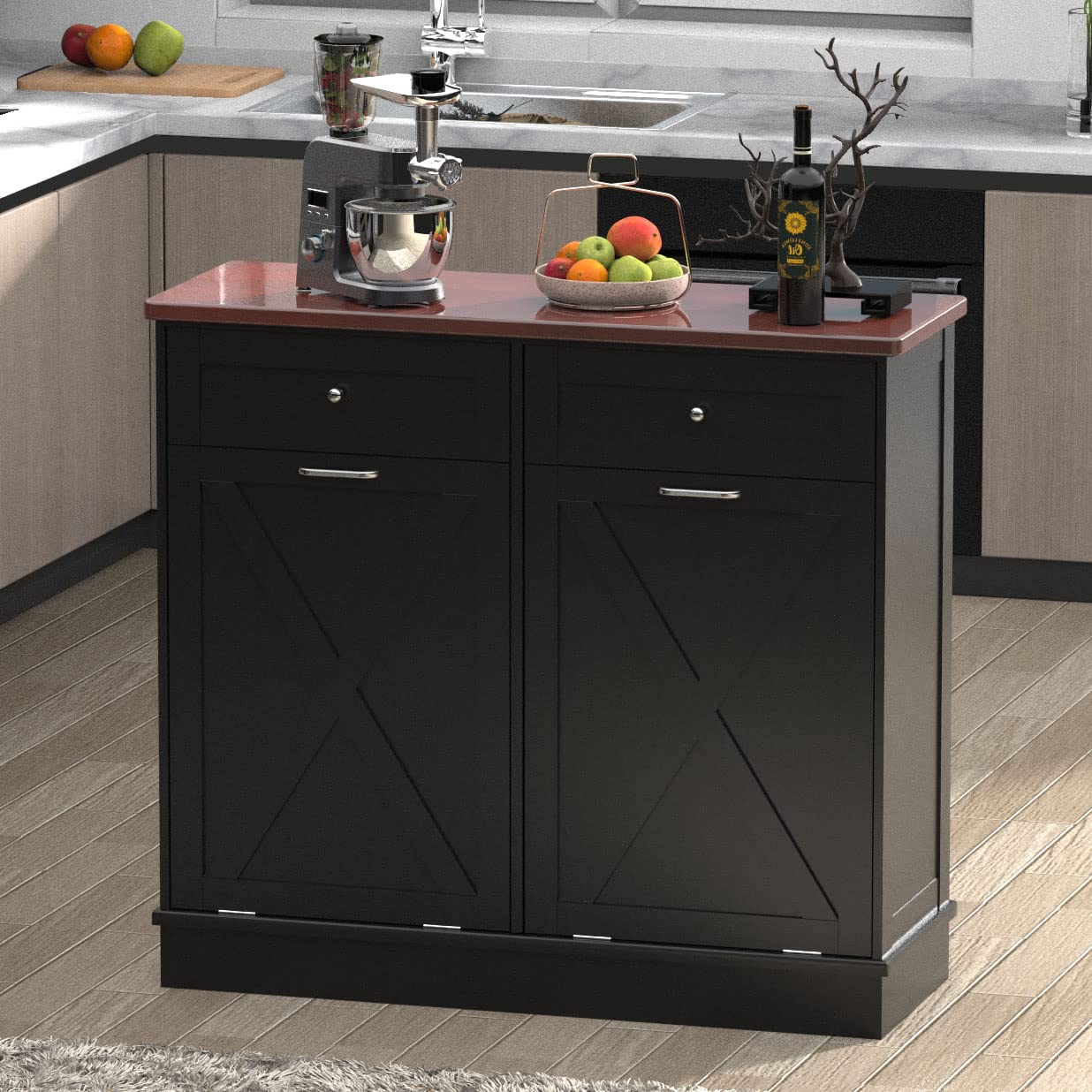 TOLEAD Double Tilt Out Trash Can Cabinet, Black Wood with Barn Door, Pet Proof, Odor Blocking, Farmhouse Style