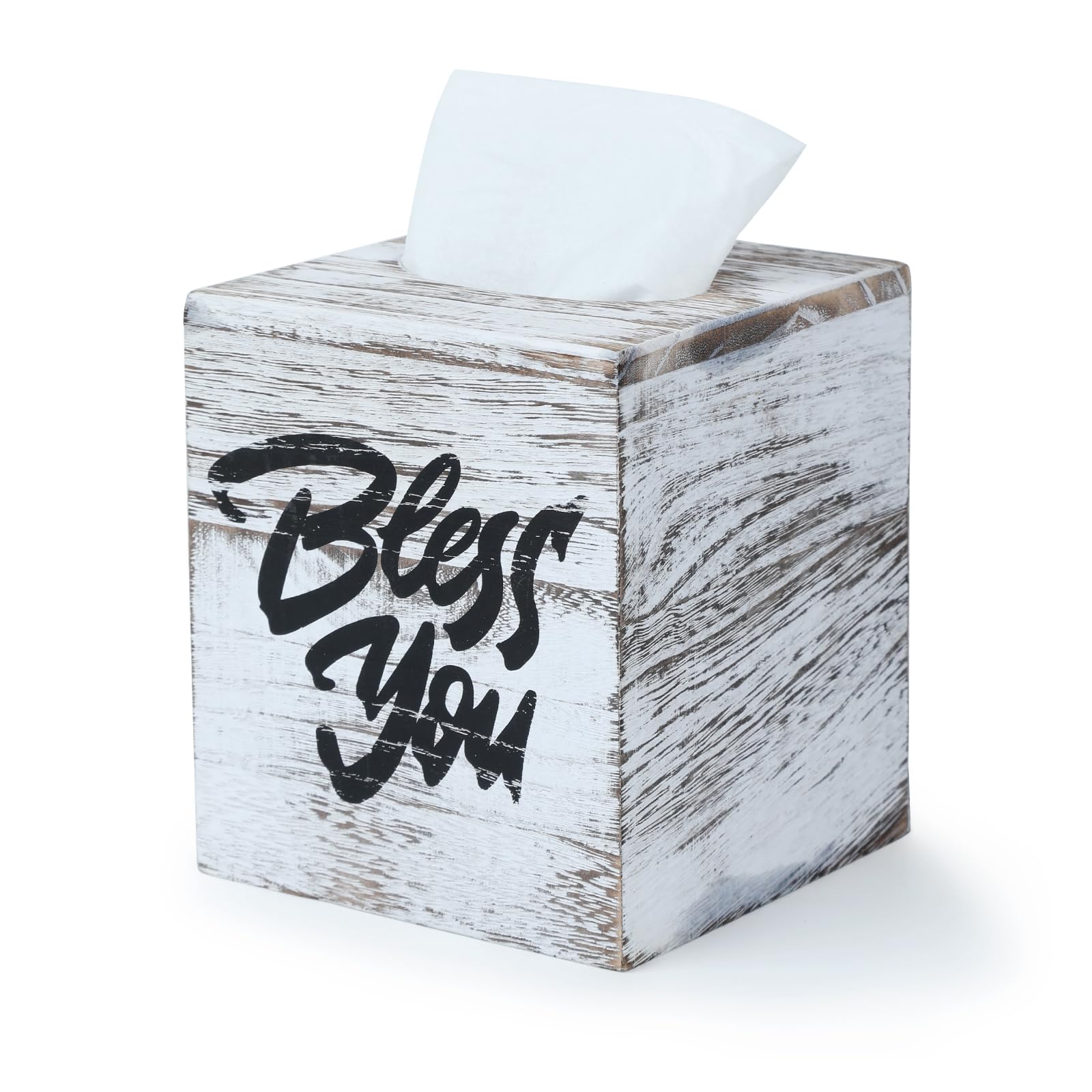 Wood Tissue Box Cover, Square Bless You Tissue Holder, Decorative Tissue Dispenser for Bathroom, Living Room, Dining Table, 5.3 