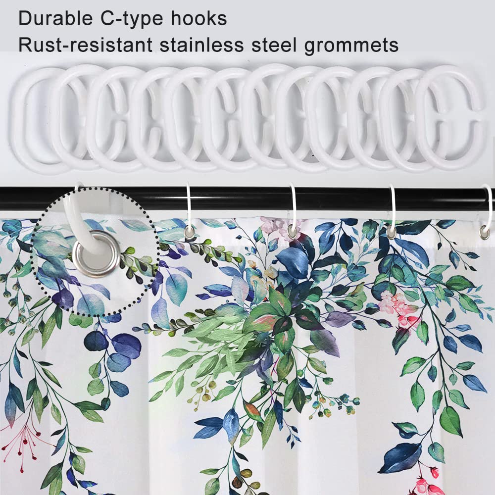 Ruelvth Green And Blue Eucalyptus Shower Curtain, Watercolor Spring Plant Leaves With Floral Shower Curtain Waterproof Fabric Sh
