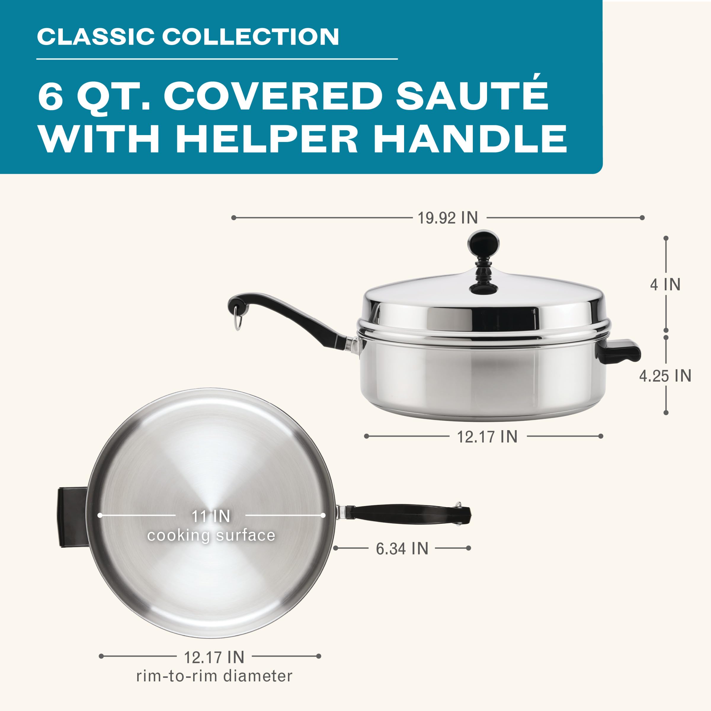 Farberware Classic Series Anniversary Edition Stainless Steel Saut   Pan and Lid with Helper Handle, Induction Suitable, 6 Quart