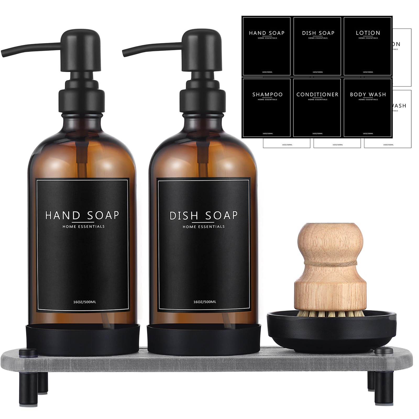 Neeczs Kitchen Soap Dispenser Set With Instant Dry Tray,16 Oz Hand And Dish Soap Amber Glass Dispenser Set,Stainless Steel Pump,