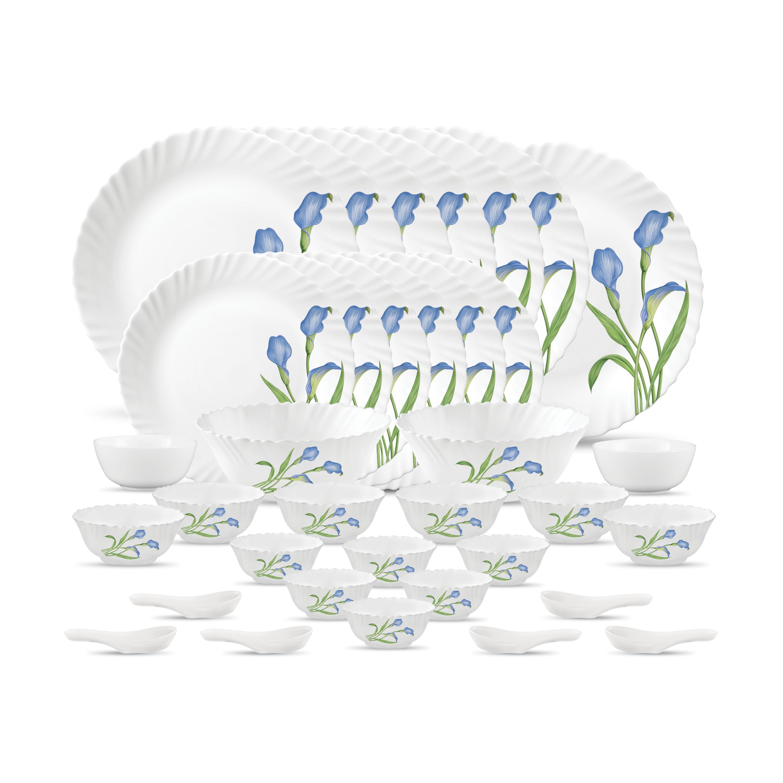 La Opala Novo Collection Opal Glass Crockery | For Family Of 6 | Dinner Set 35 Pcs Tender Trio | Plates & Bowls For Dining | Mic
