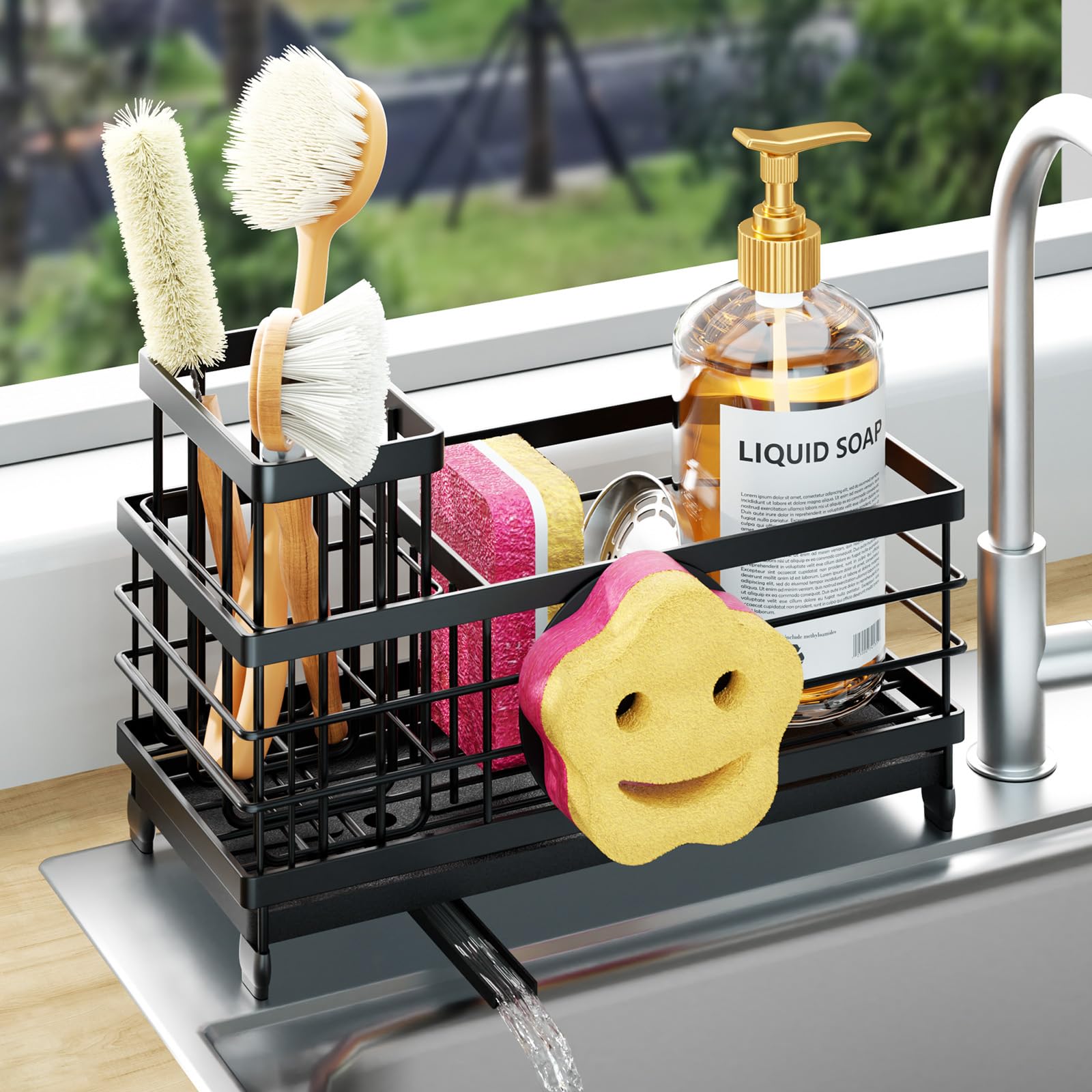 HapiRm Sponge Holder for Kitchen Sink - Self-draining Sink Caddy with Smiley Face and Brush Holder, Stainless Steel Kitchen Coun