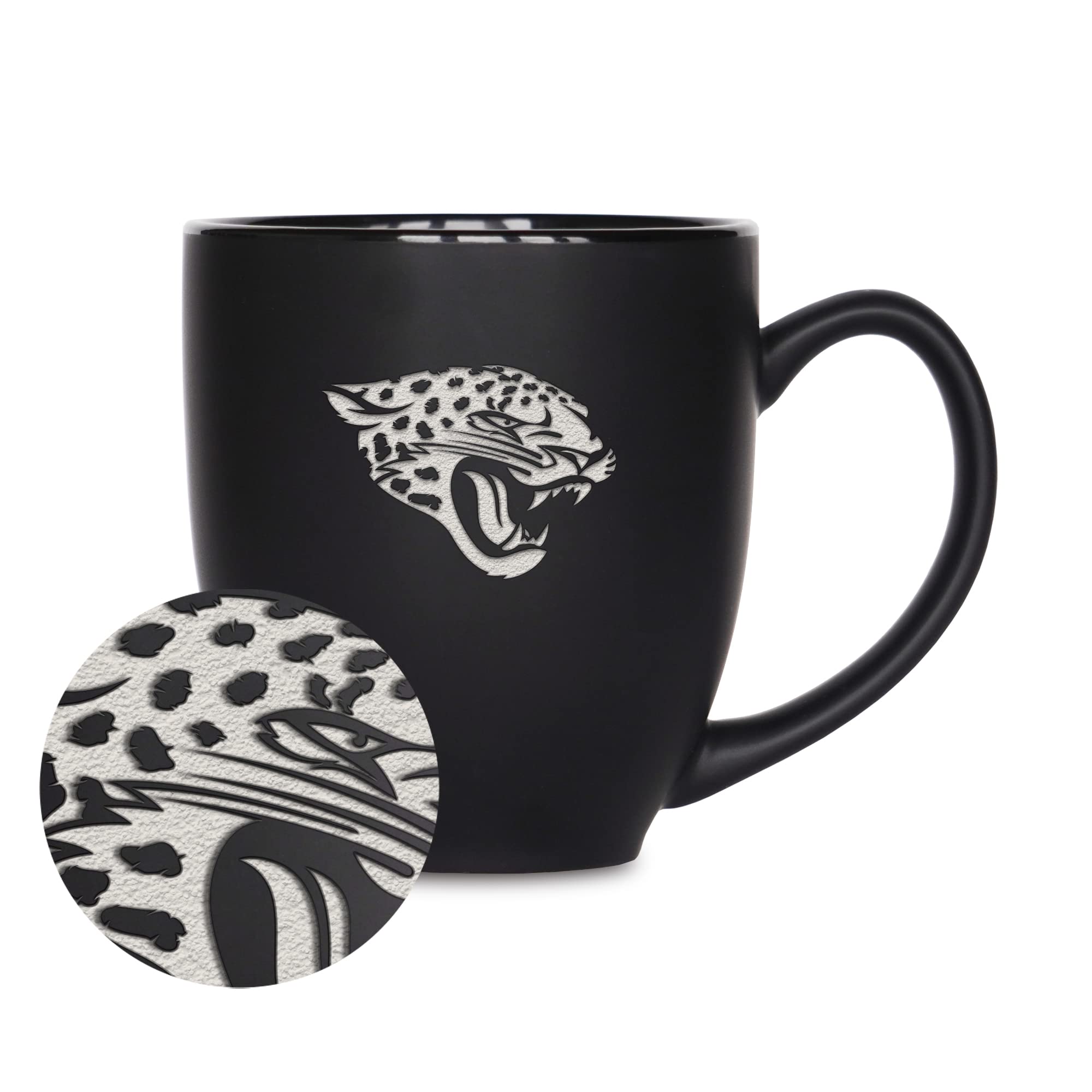 Rico Industries NFL Football Jacksonville Jaguars Main 15oz Laser Engraved Matte Black Ceramic Bistro Mug - For Hot or Cold Drin