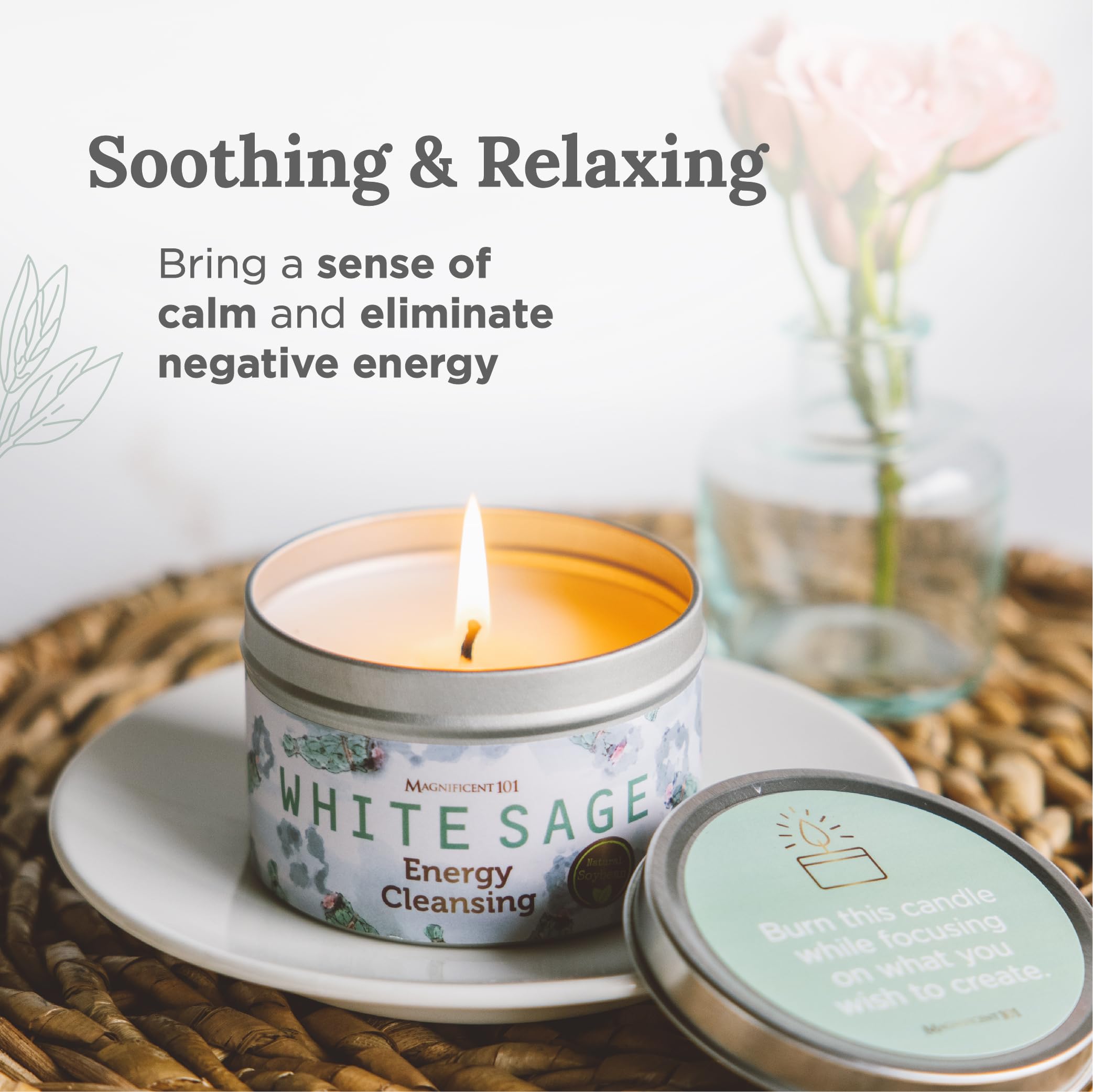 Magnificent 101 Long Lasting White Sage Scented Smudge Candle | 6 Oz - 35 Hour Burn | All Natural & Organic Soy Wax Candle for H