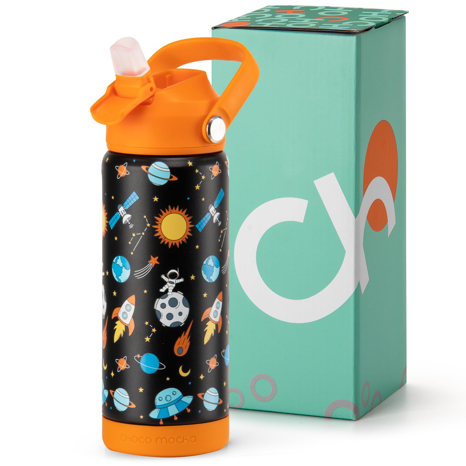 Choco Mocha Kids Water Bottle For School, Kids Insulated Space Water Bottle Stainless Steel, Boys 18Oz, Black & Orange