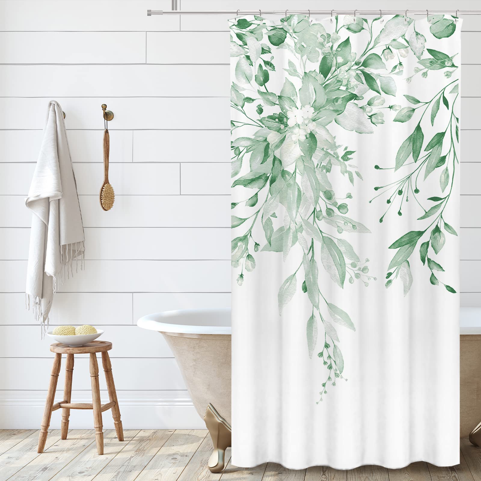 Tititex Mint Green Eucalyptus Shower Curtain Sets, Watercolor Leaves On The Top Plant With Floral Bathroom Decoration 36X72 Inch