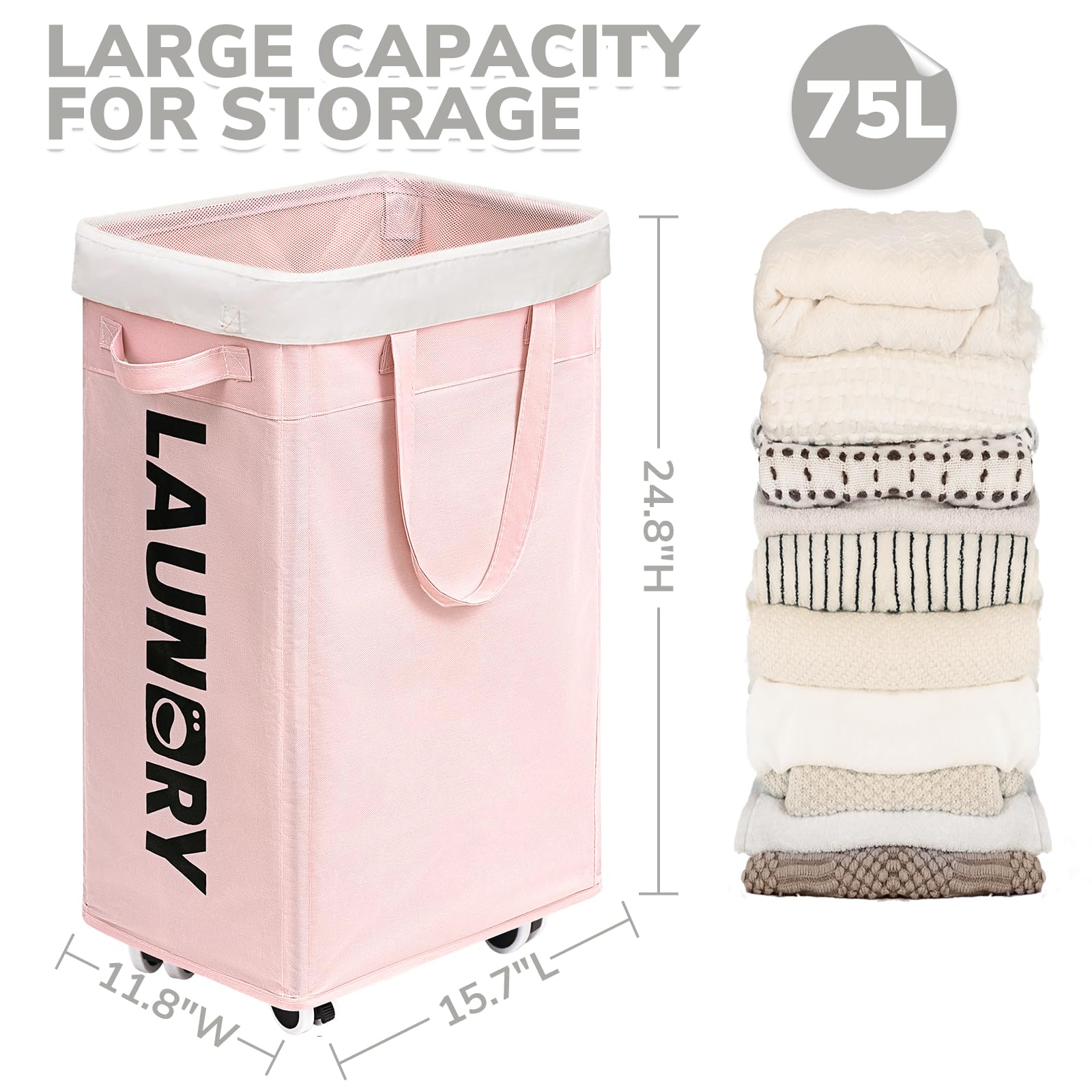Chicvita Laundry Hamper With Wheels 2-Pack, 75L Collapsible Laundry Basket With Removable Wash Bags, Pink Laundry Hamper For Cor