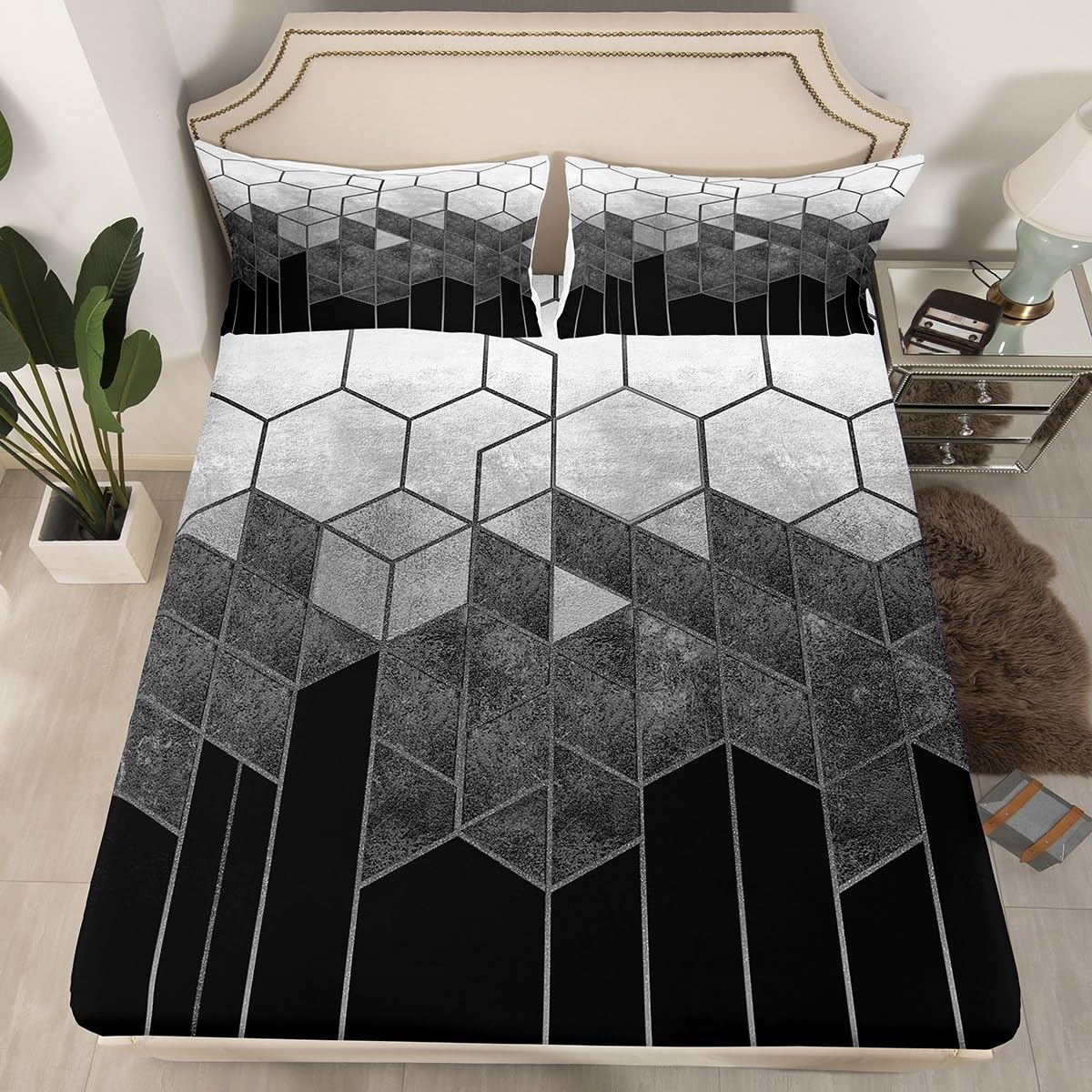 Honeycomb Diamond Bed Sheets Geometric Plaid Rectangle Hexagon Bed Sheet Set Modern Marble Lattic Bedding Set Textured Grid Stri