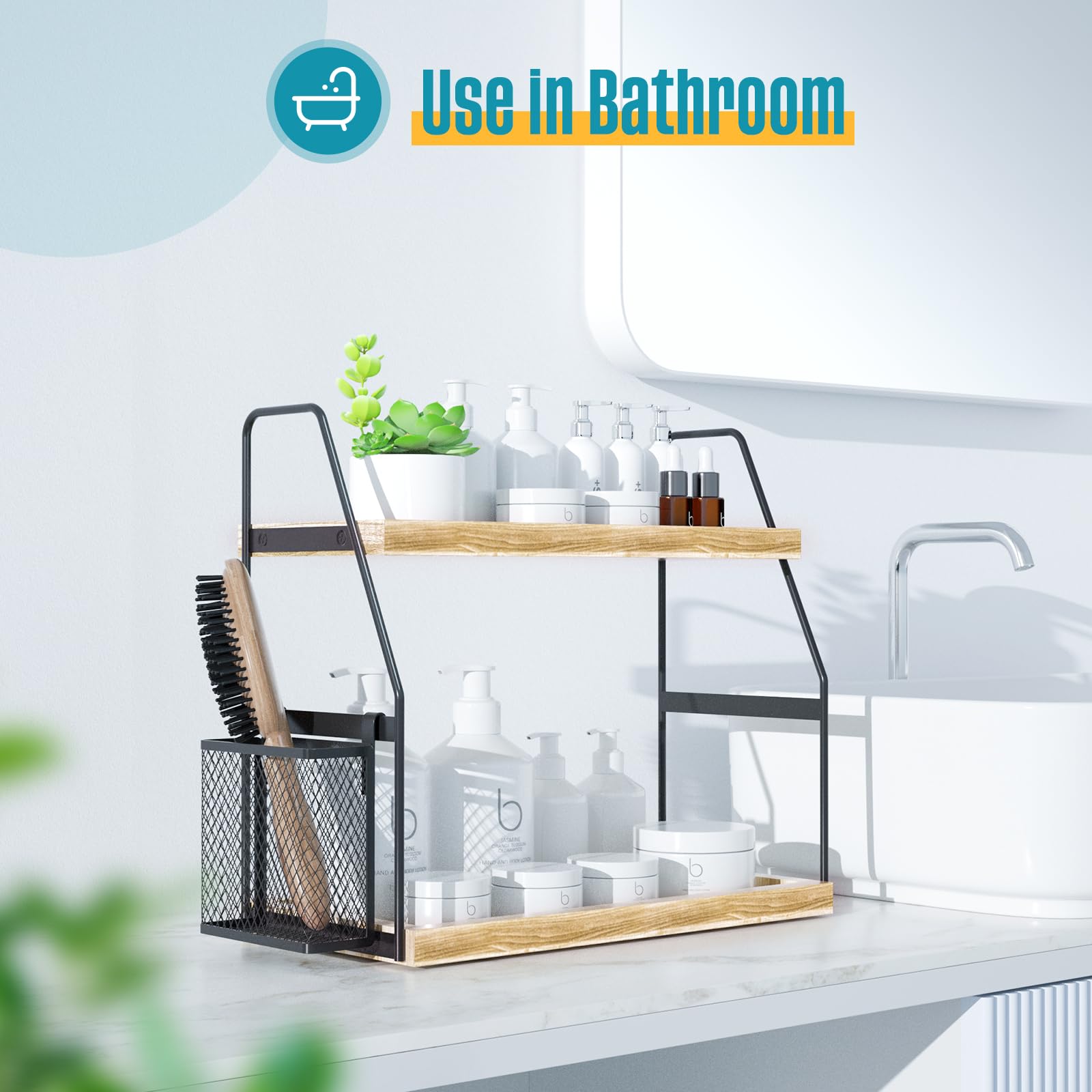 Nroech Bathroom Organizer Countertop  2-Tier Standing Counter Shelf with Basket  Wood Tray for Kitchen Vanity Organizer