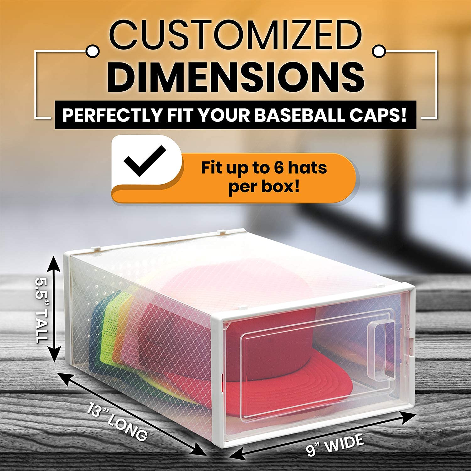 Boxy Concepts Plastic Hat Organizer For Baseball Caps (6-Pack) Easy Assembly, Stylish, Dust-Proof, Transparent, Stackable With O