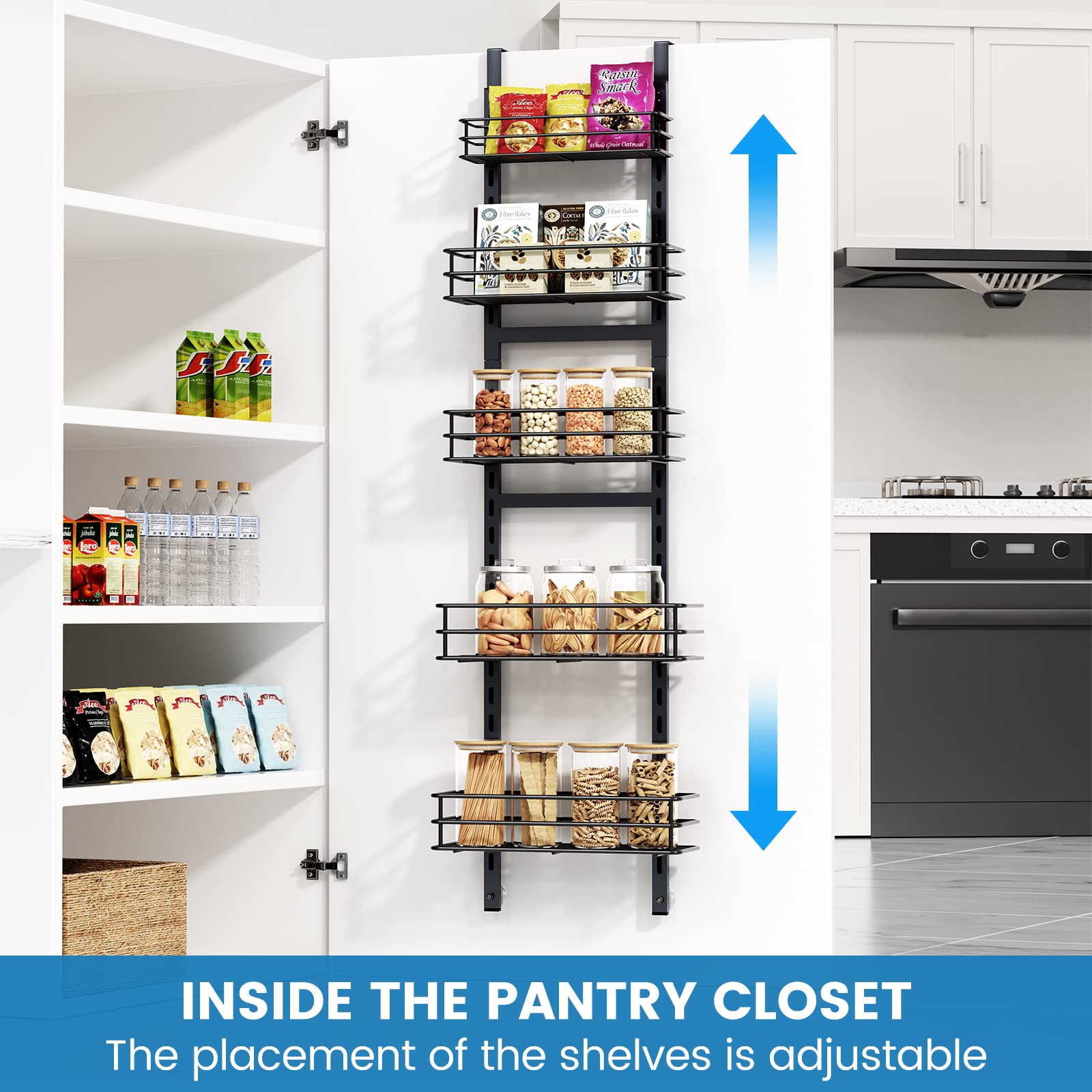 Purdaz Adjustable 5-Tier Over the Door Pantry Organizer, Spice Rack, Narrow Hanging Shelf for Kitchen Storage and Organization