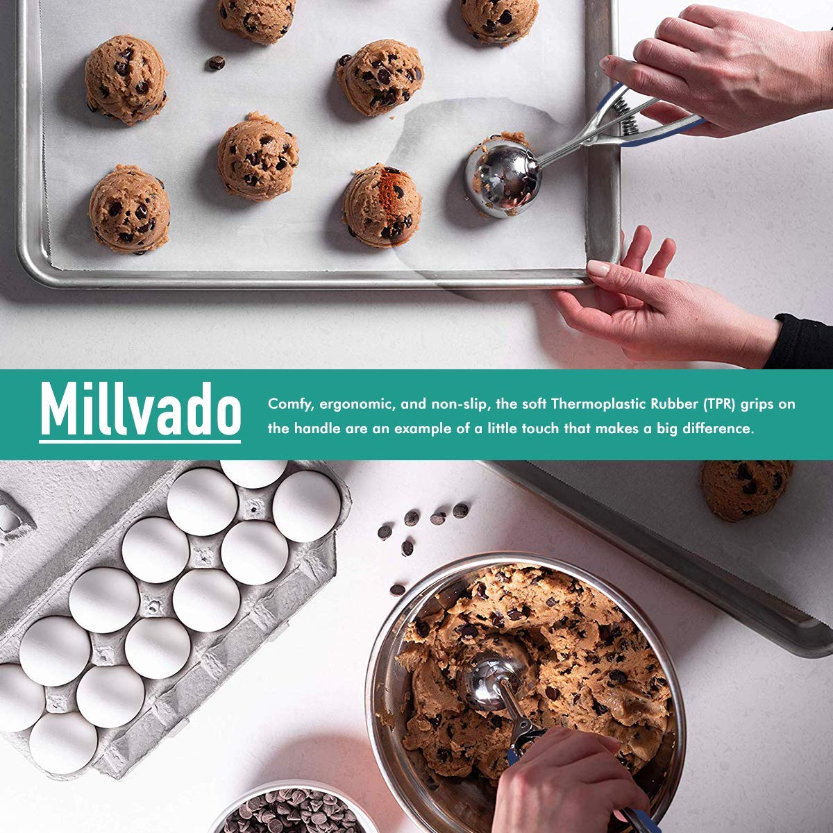 Millvado 3 Pack Stainless Steel Ice Cream And Cookie Scoops | With Blue Rubber Grips - Spring Loaded Lever Design - For Sorbet,