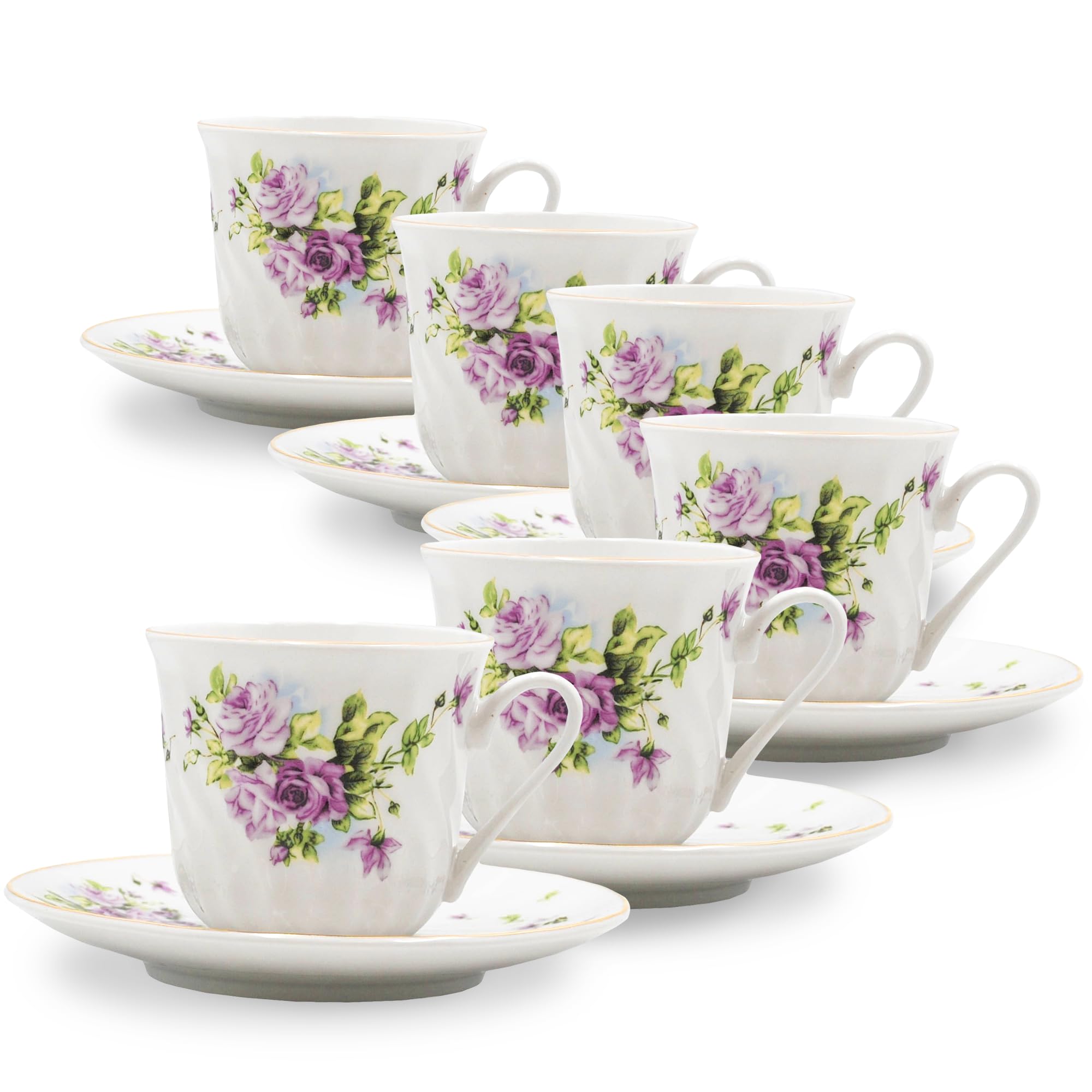 Lynns Lucinda Porcelain Tea Cup And Saucer With Gold Trim, Set Of 6; Vintage Floral