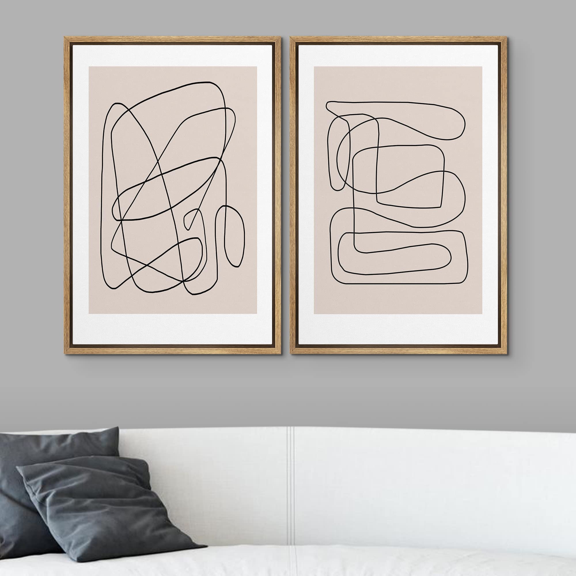 SIGNWIN Framed Wall Art Print Set Line Art Thin Lines Over Plain Tan Background Abstract Swirly Digital Art Modern Art Mid-Century Modern for Living Room  Bedroom  Office - 16''x24''x2 Panels