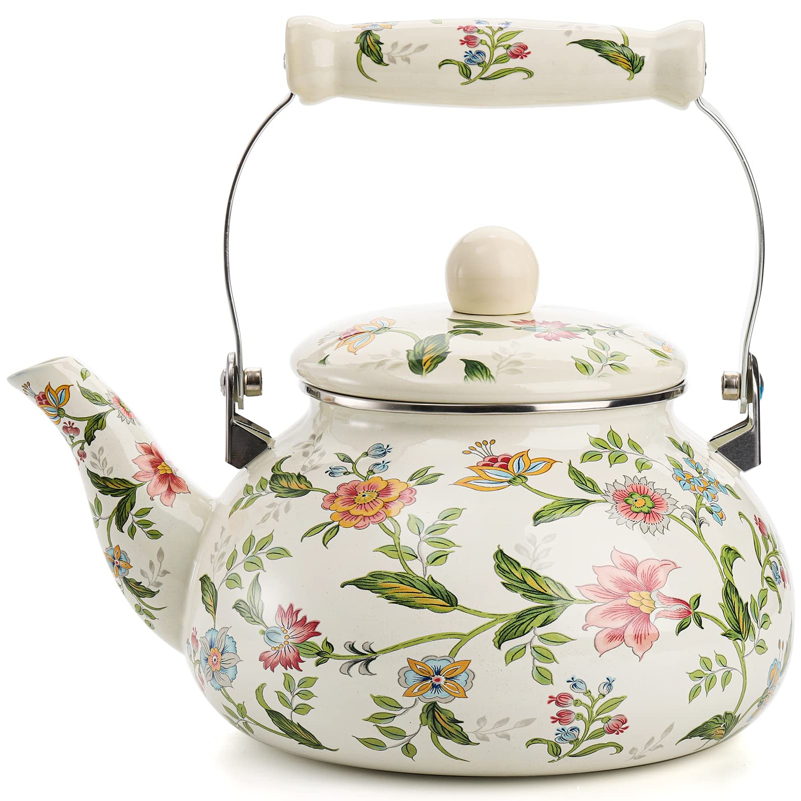 Jucoan 2.6 Quart Vintage Enamel Tea Kettle, Green Floral Enamel On Steel Teapot With Cool Touch Porcelain Handle For Stovetop Ho