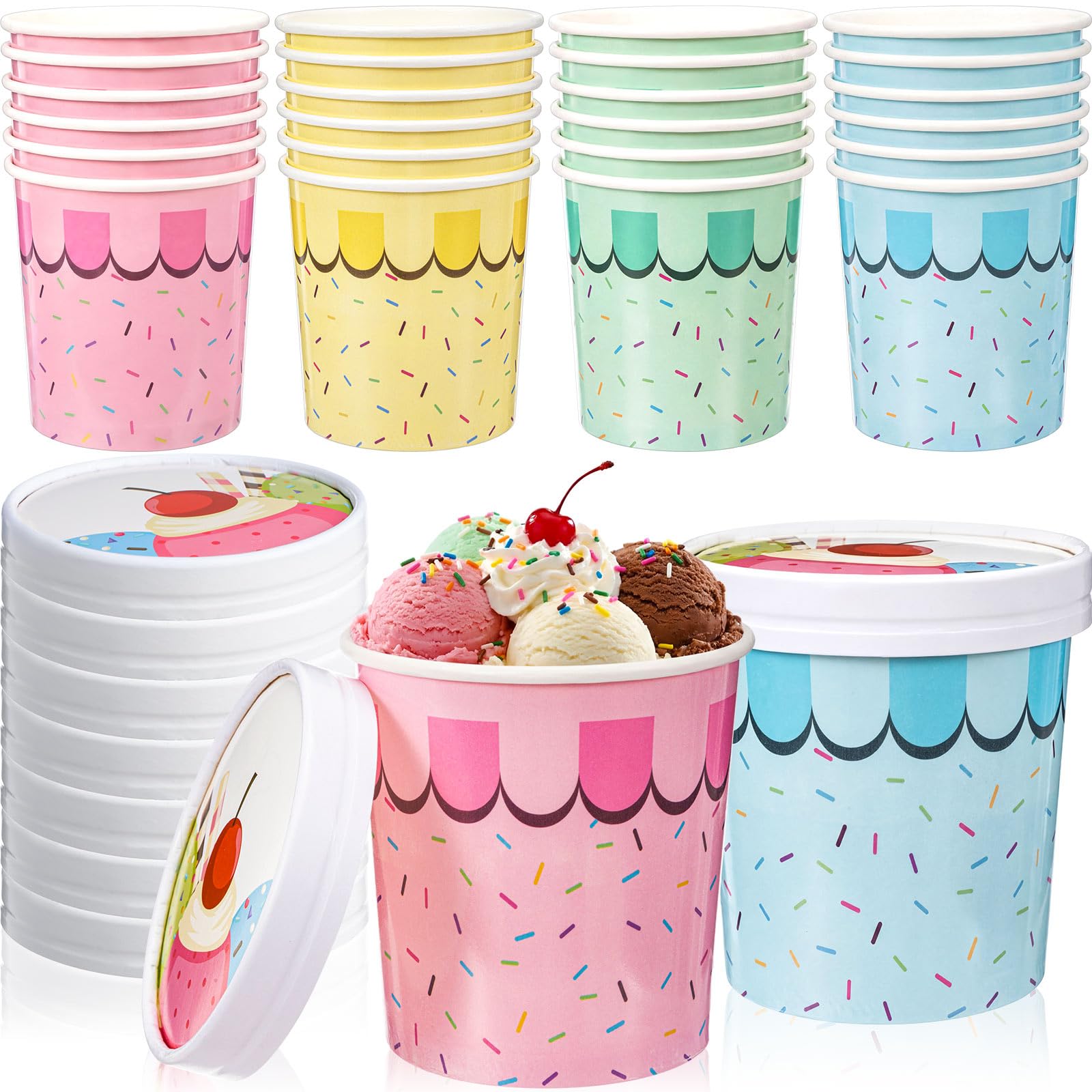 Jingmore 24 Pcs 16 oz Ice Cream Paper Bowls with Lids Bulk Disposable Ice Cream Cups 4 Color Sundae Bowls Dessert Cups for Hot a