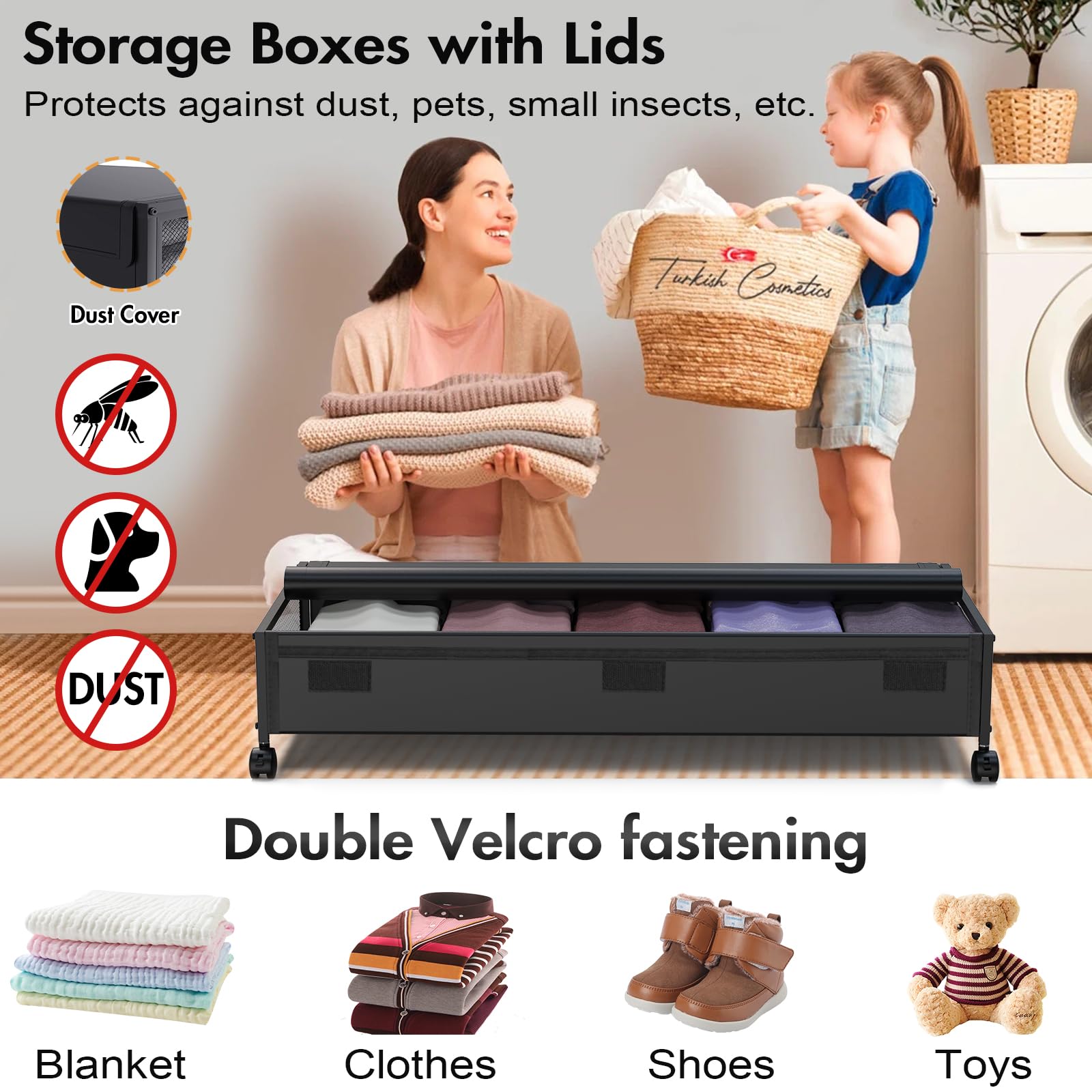 MixcMax Under Bed Storage Bins With Lids - 2Pack Lengthen Underbed Storage Containers with Wheels, Large Capacity Metal Clothes