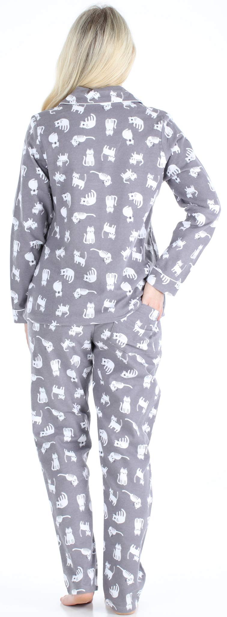 Pajamamania Womens Cotton Flannel Long Sleeve Button-Down Pajamas Pj Set, Grey Cats, X-Small,