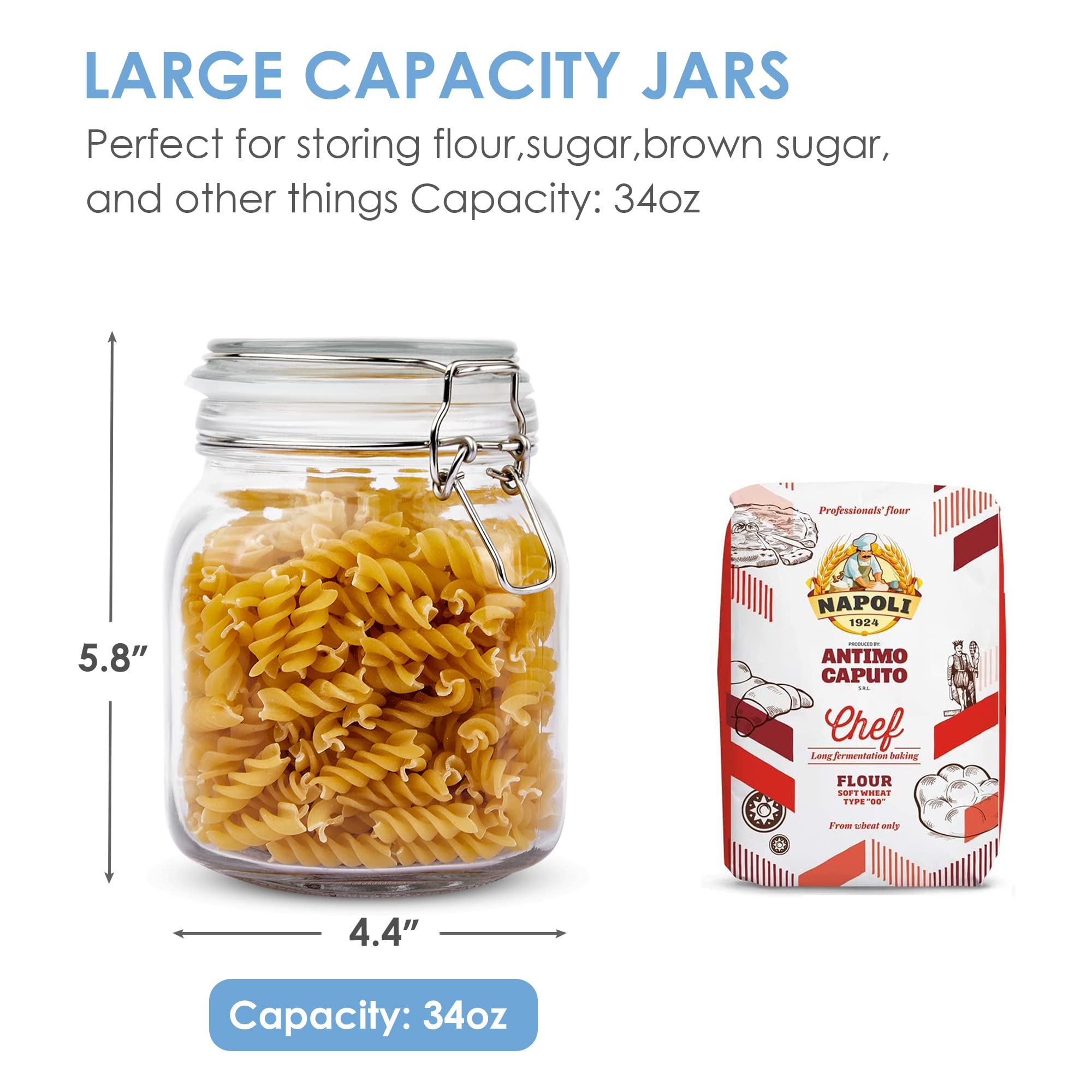 Vtopmart 34Oz Glass Food Storage Jars With Airtight Clamp Lids, 3 Pack Kitchen Canisters For Flour, Cereal, Coffee, Pasta And Ca
