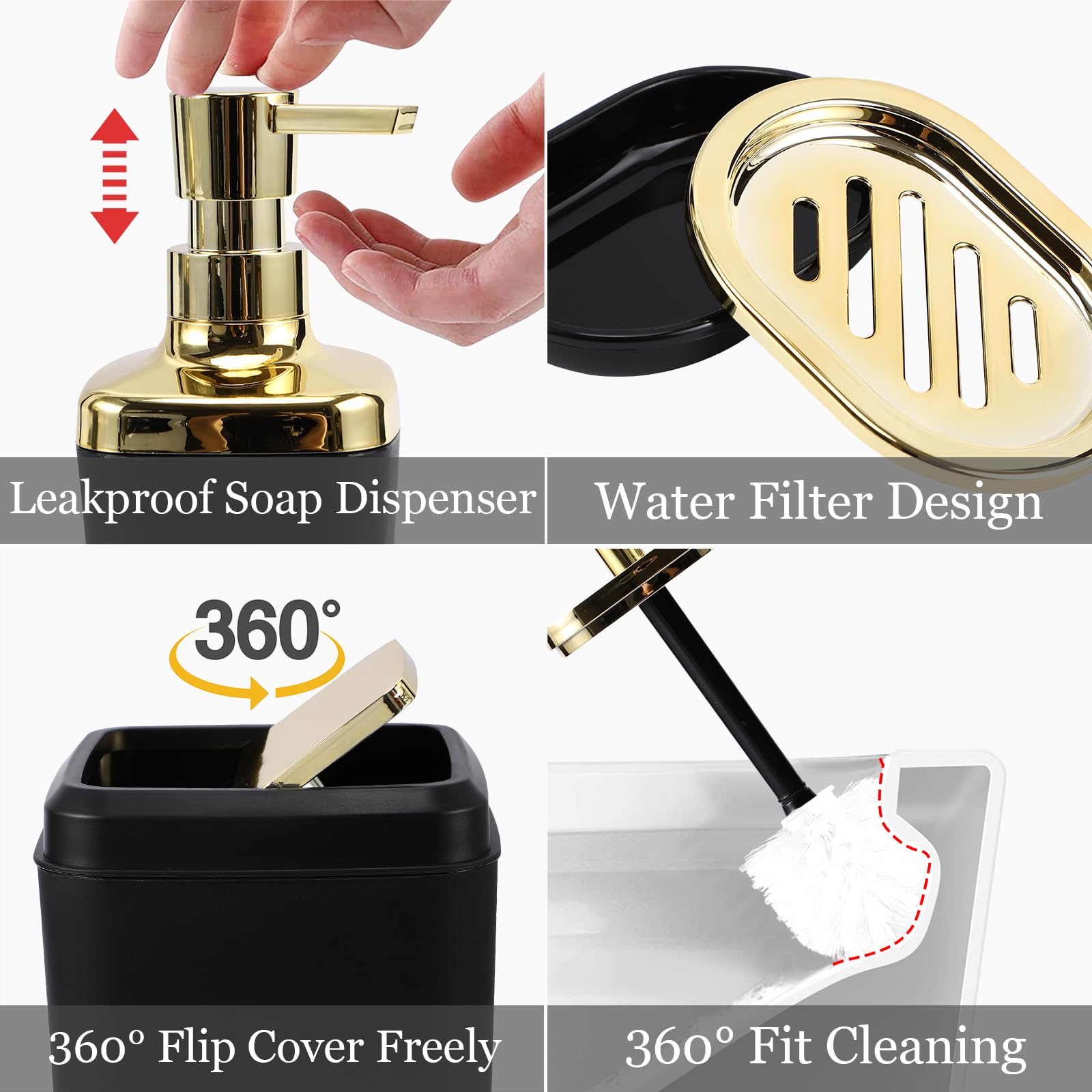 Black Bathroom Accessories Set, 9-Piece Black And Gold Bathroom Accessory Sets Complete With Trash Can, Tray, Soap Dispenser, So