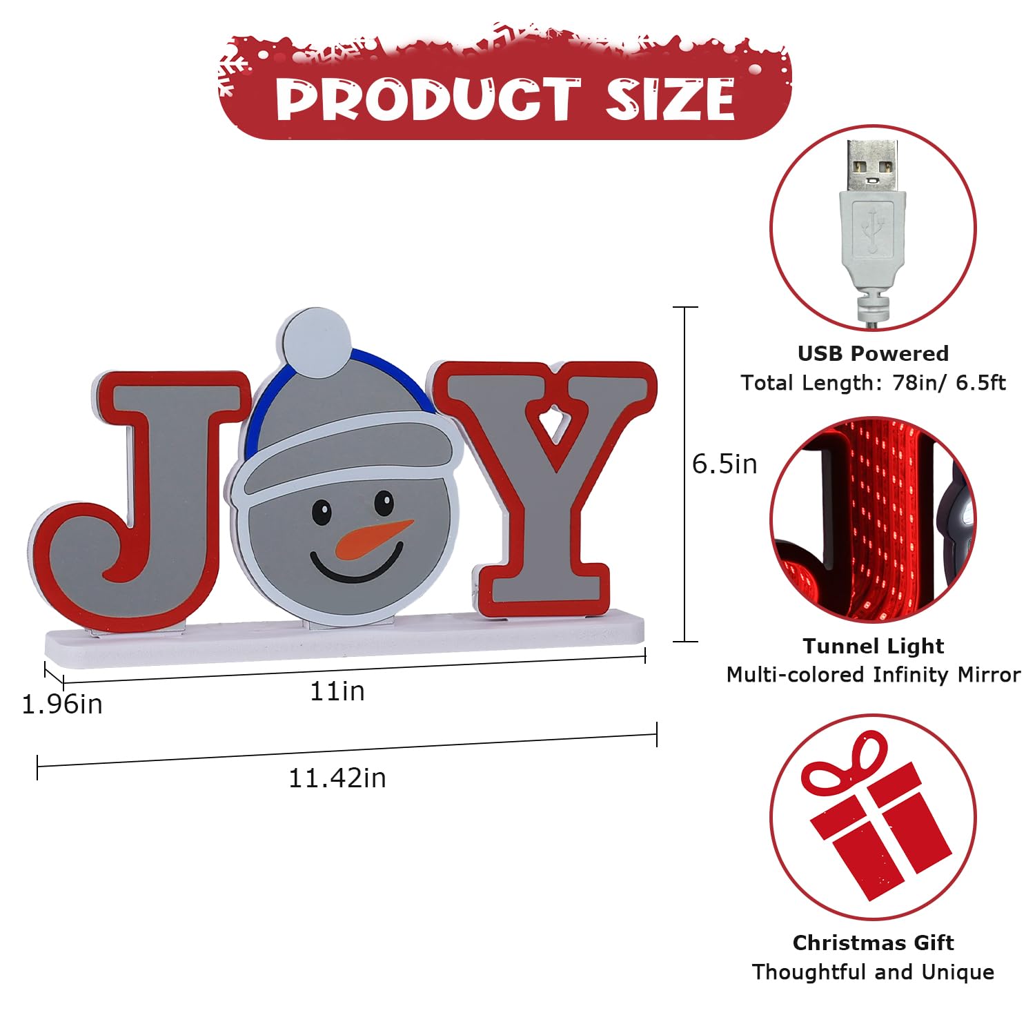 MEETYAMOR Christmas Decorations Indoor, JOY Snowman Infinity Mirror Tunnel Light, Christmas Table Decorations with Endless Exten