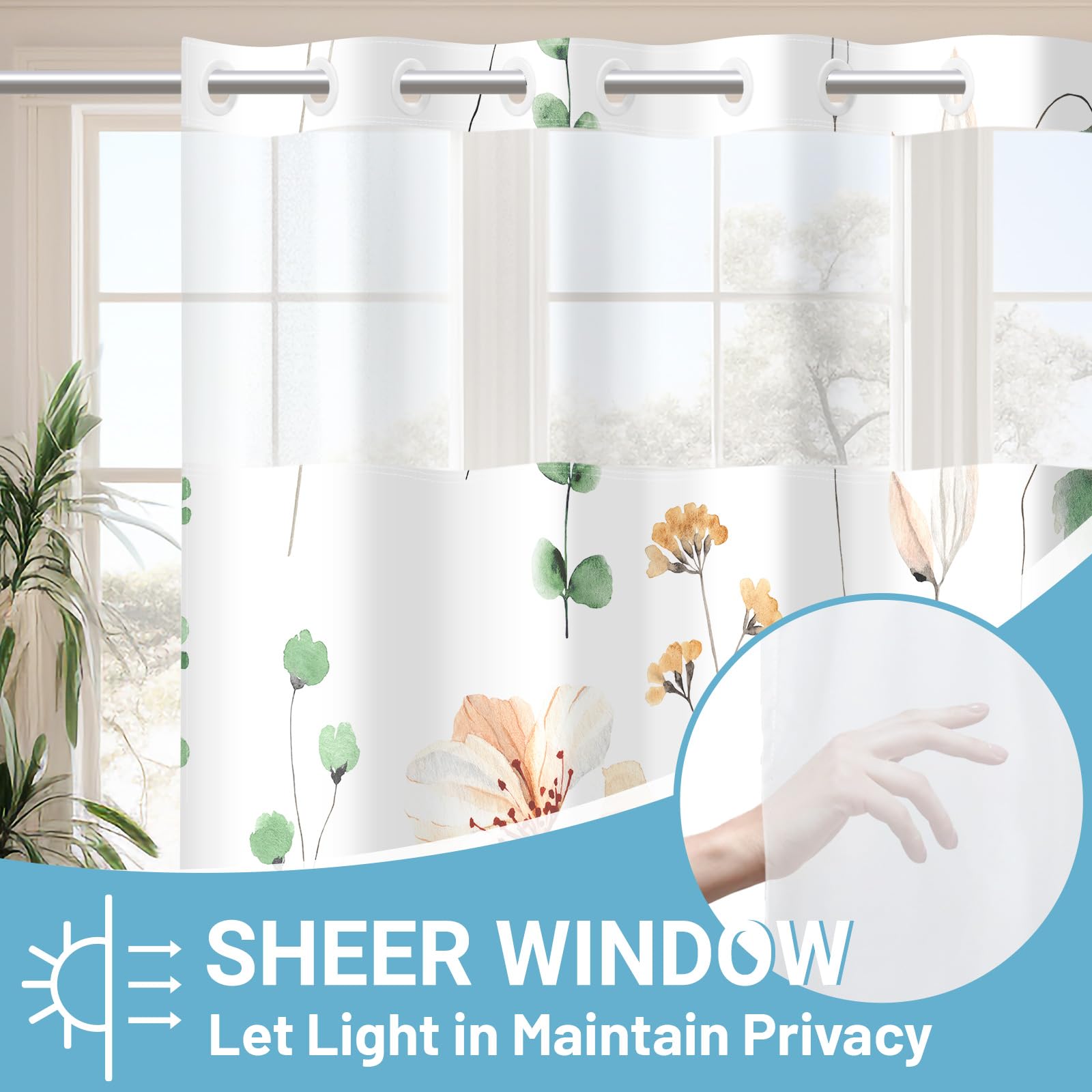 Withloc No Hook Shower Curtain With Snap In Liner - Floral Shower Curtain - Fabric Waterproof Inner Liner, Plants Watercolor Sag